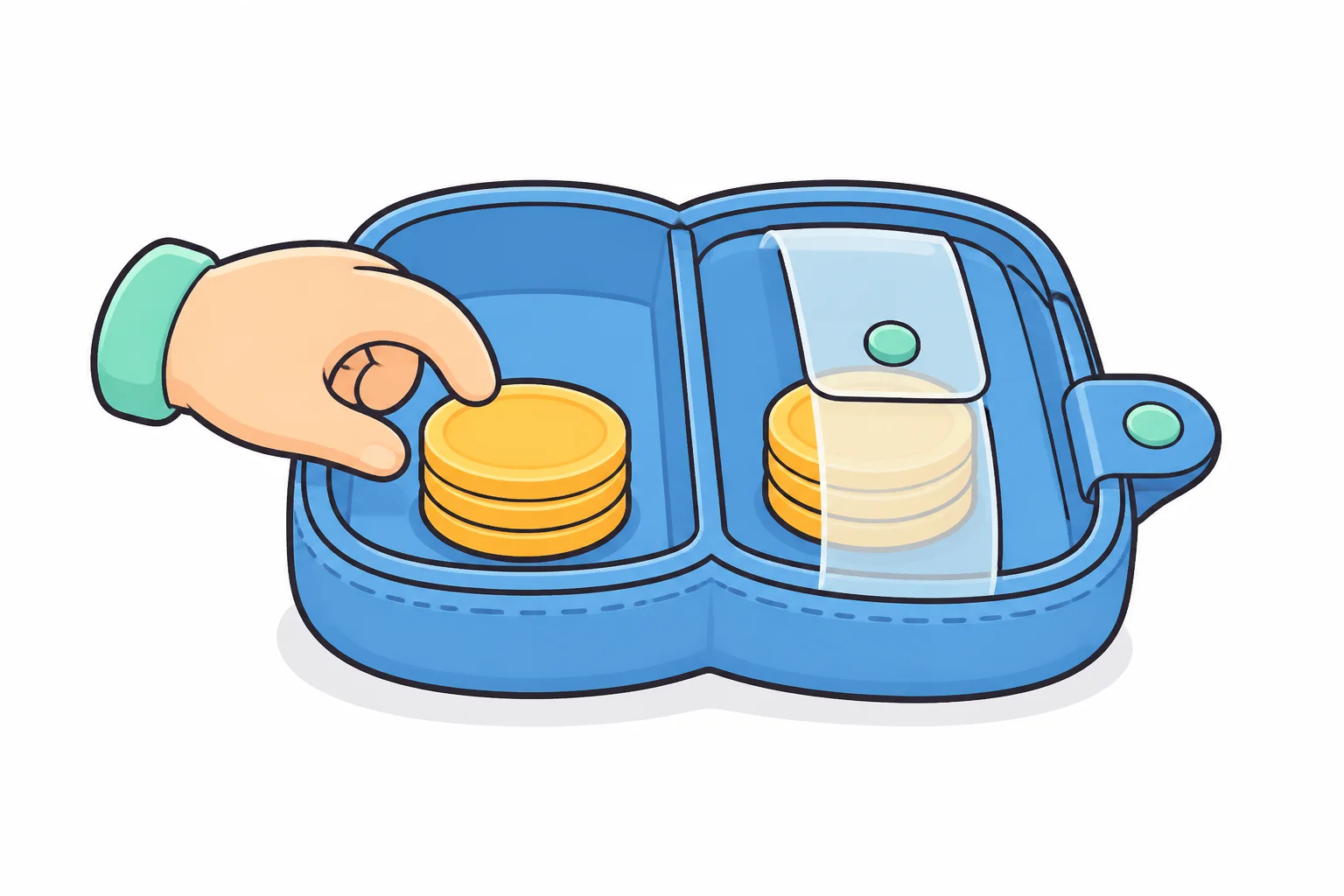 A hand placing coins into one side of a two-compartment wallet, with a second stack of coins behind a clear flap