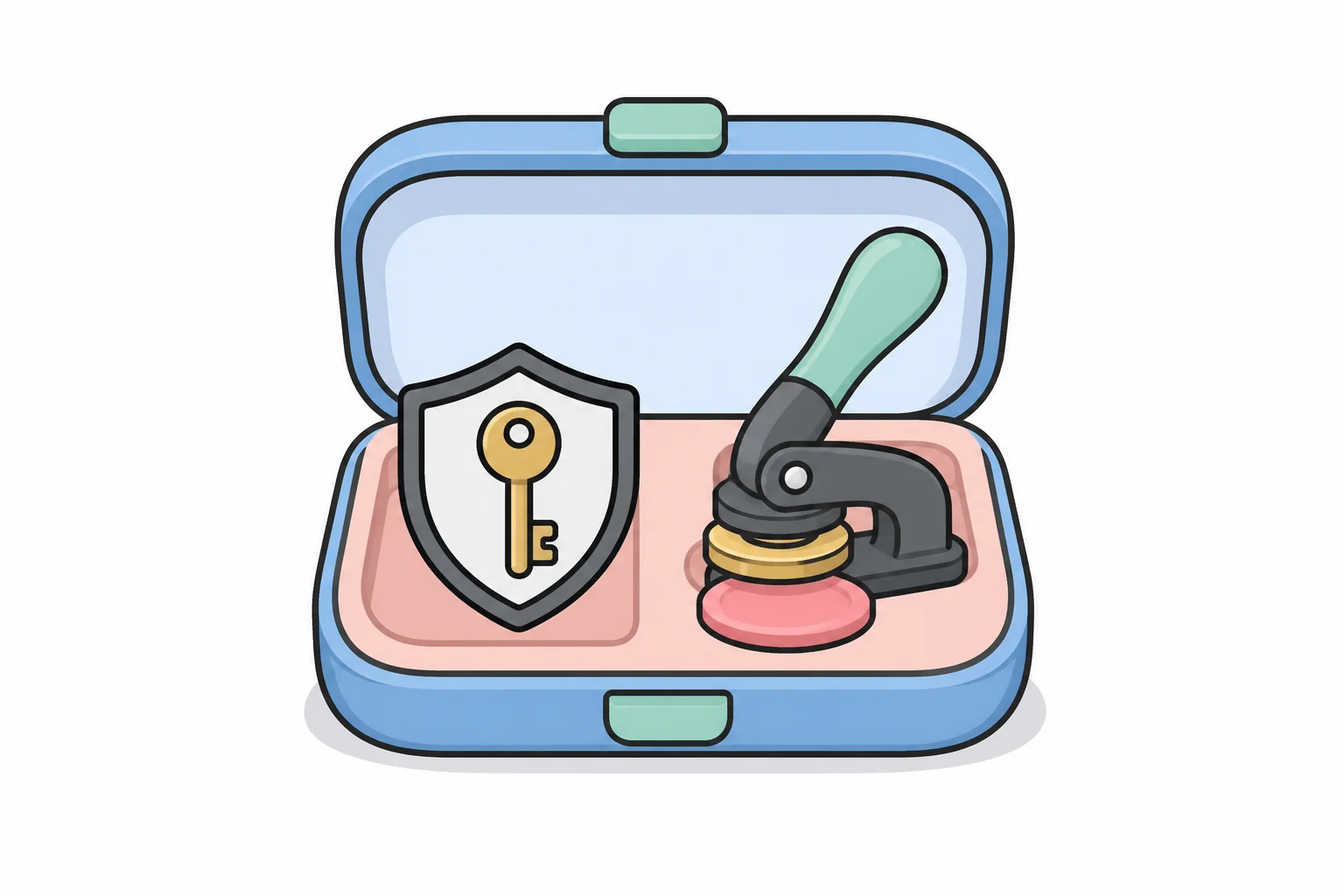 An open carrying case holding a shield with a golden key emblem next to a hand-press seal stamp
