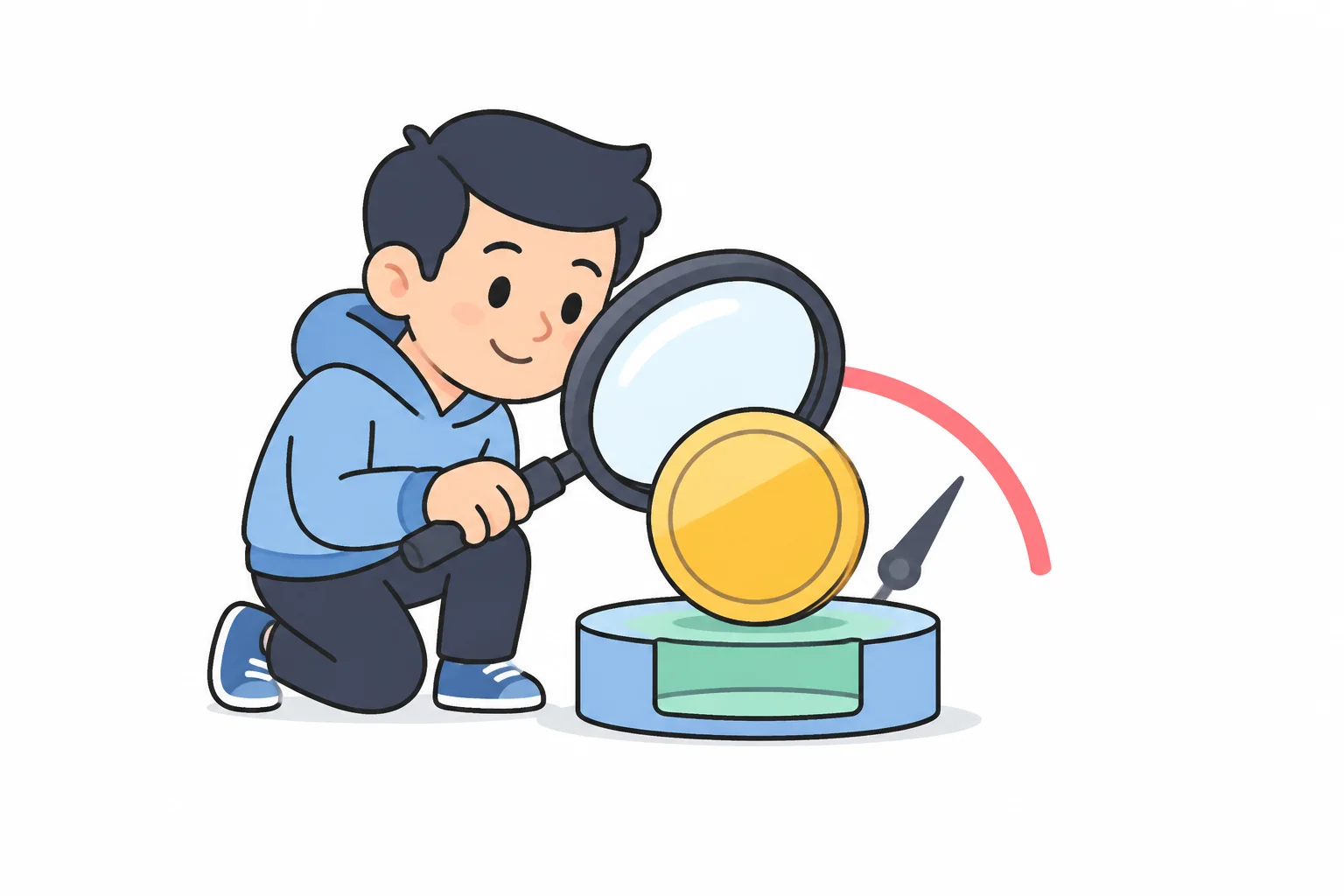 A person kneeling with a magnifying glass to inspect a large coin resting on a small gauge