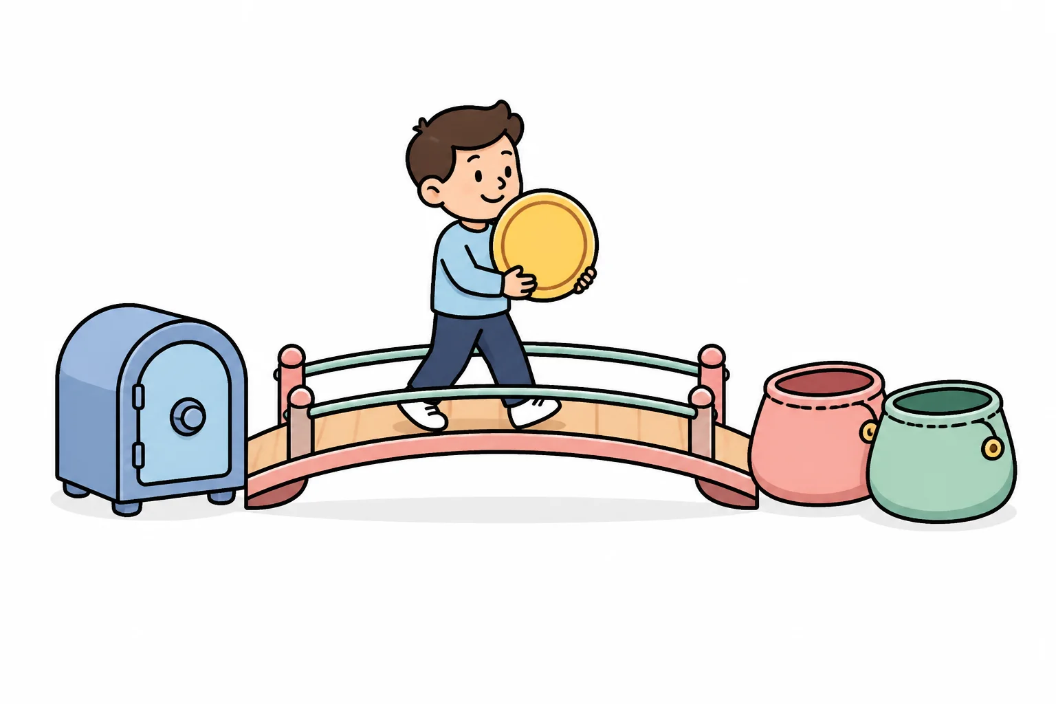 A person carrying a coin across a small bridge from a safe toward two open pouches