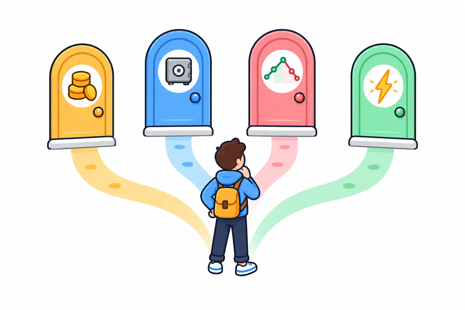 A person standing where four paths meet, each path leading to a different door marked with a coin, a safe, a chart, or a lightning-bolt icon
