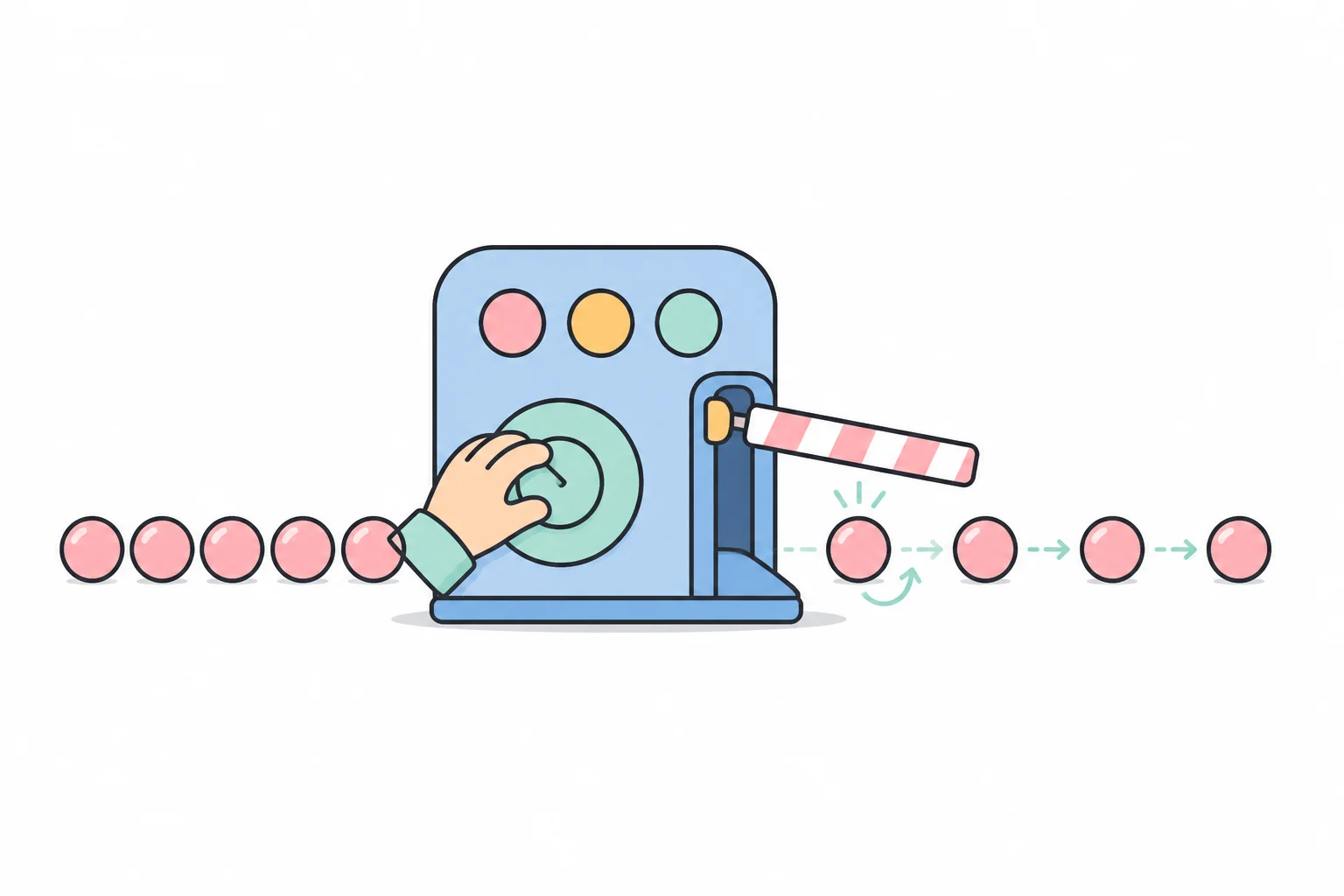 A dial-operated gate with a striped barrier releasing balls one at a time into an evenly spaced line