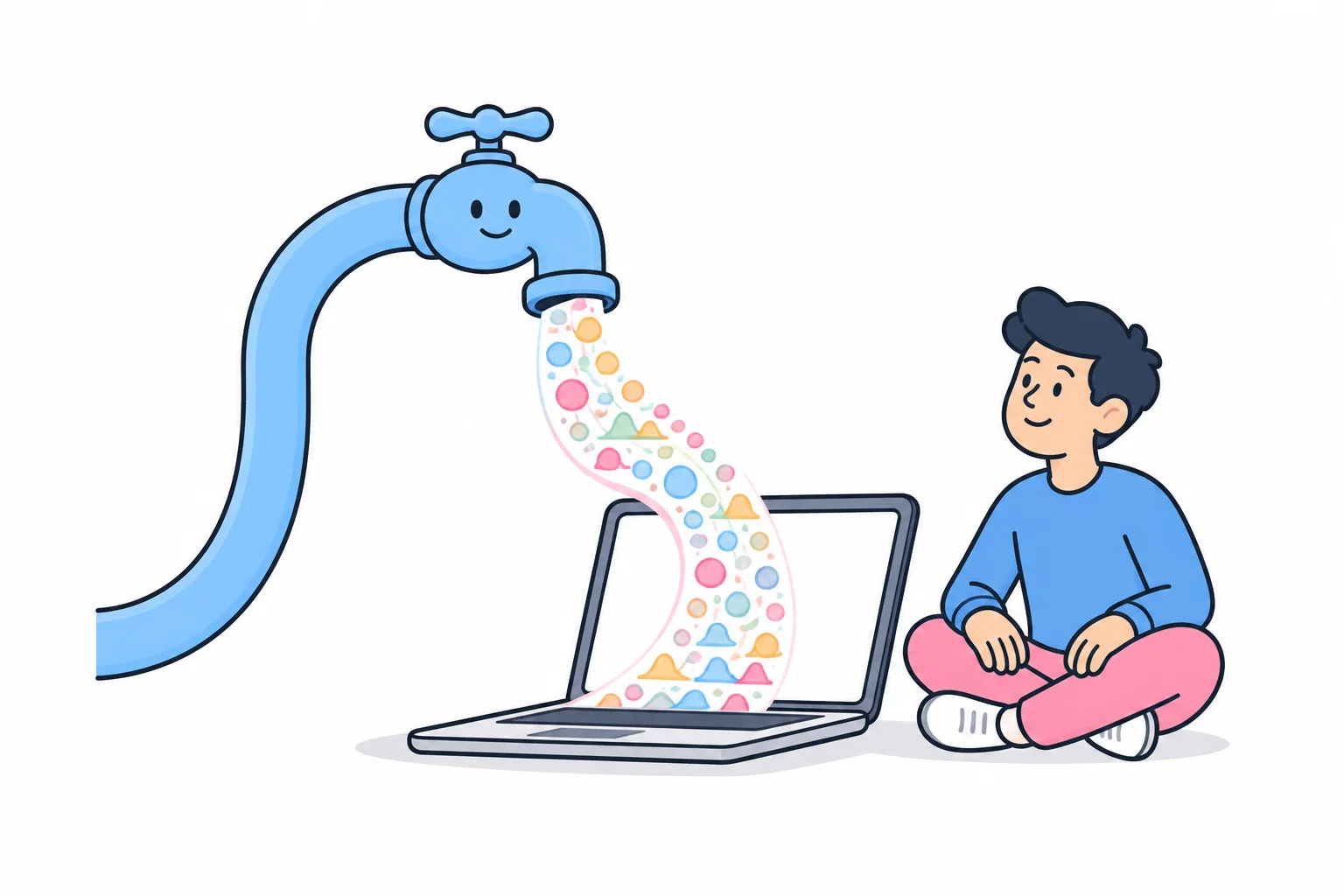 A faucet pouring a continuous stream of colorful data droplets into an open laptop while a person watches
