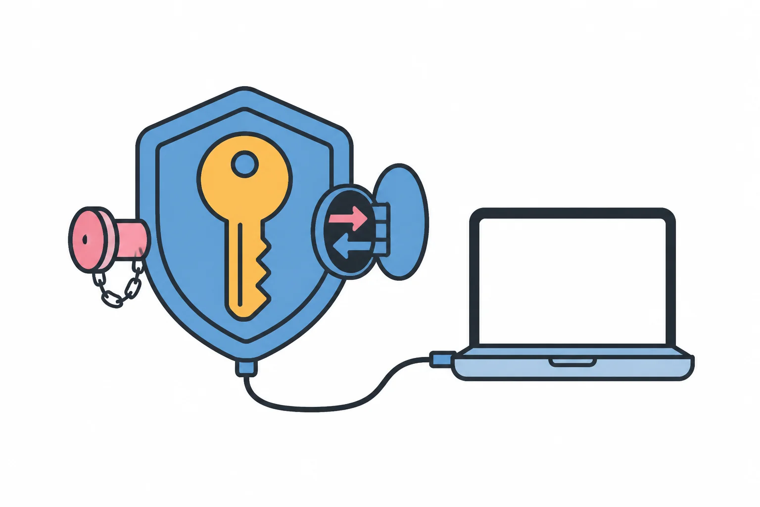 A key inside a shield connected to a single laptop, with an outgoing pipe capped and chained shut