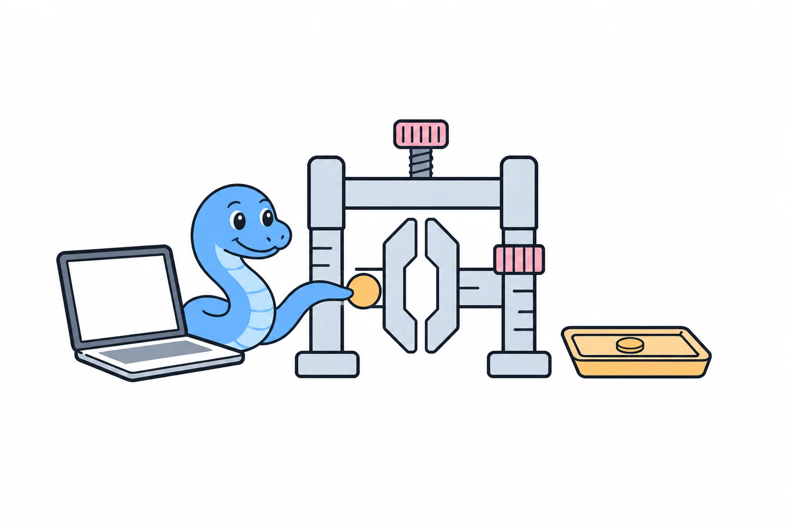 A friendly snake at a laptop passing a coin through a narrow precision gate toward a tray