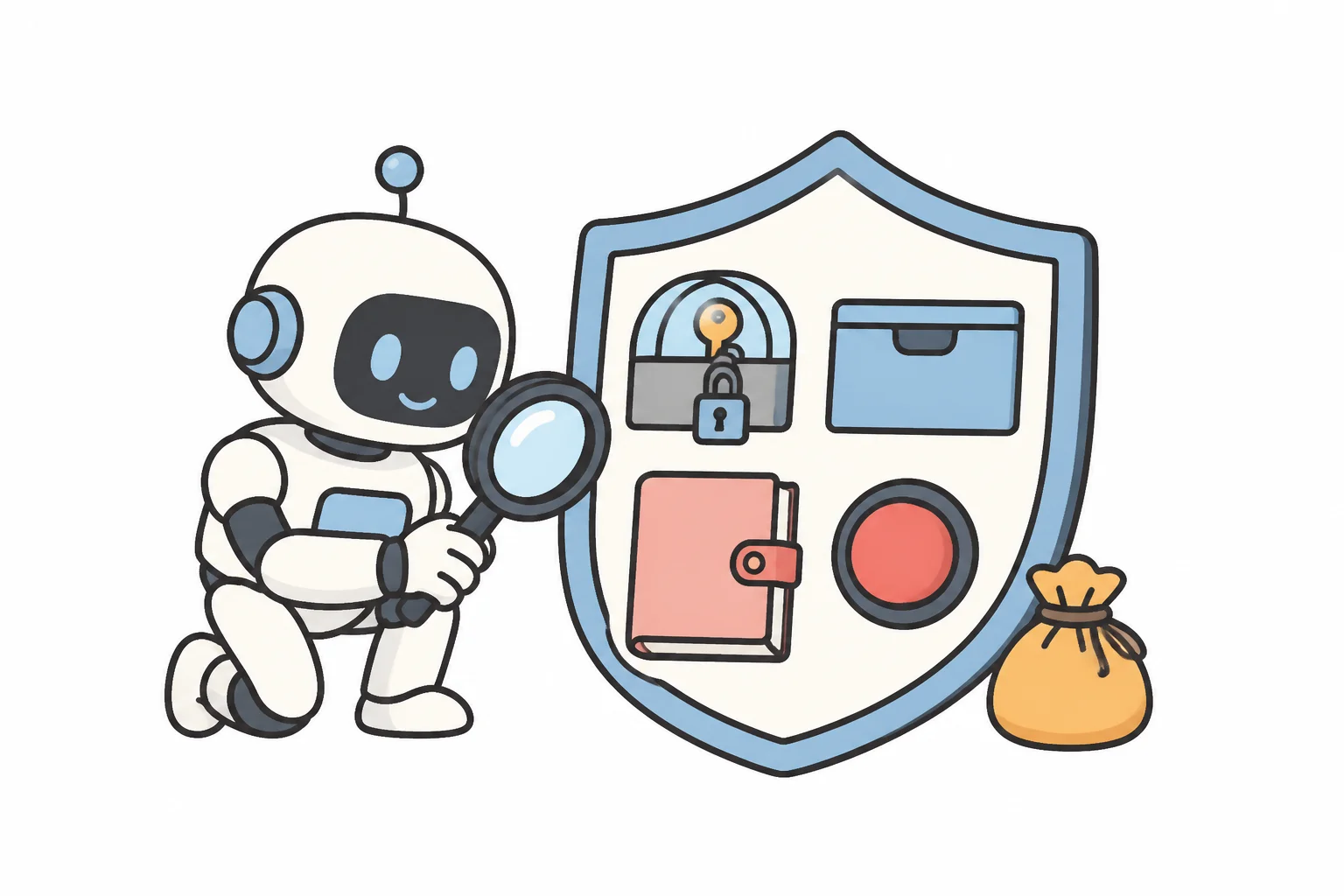 A robot with a magnifying glass inspecting a shield that holds a caged key, a lock, a logbook and an emergency stop button