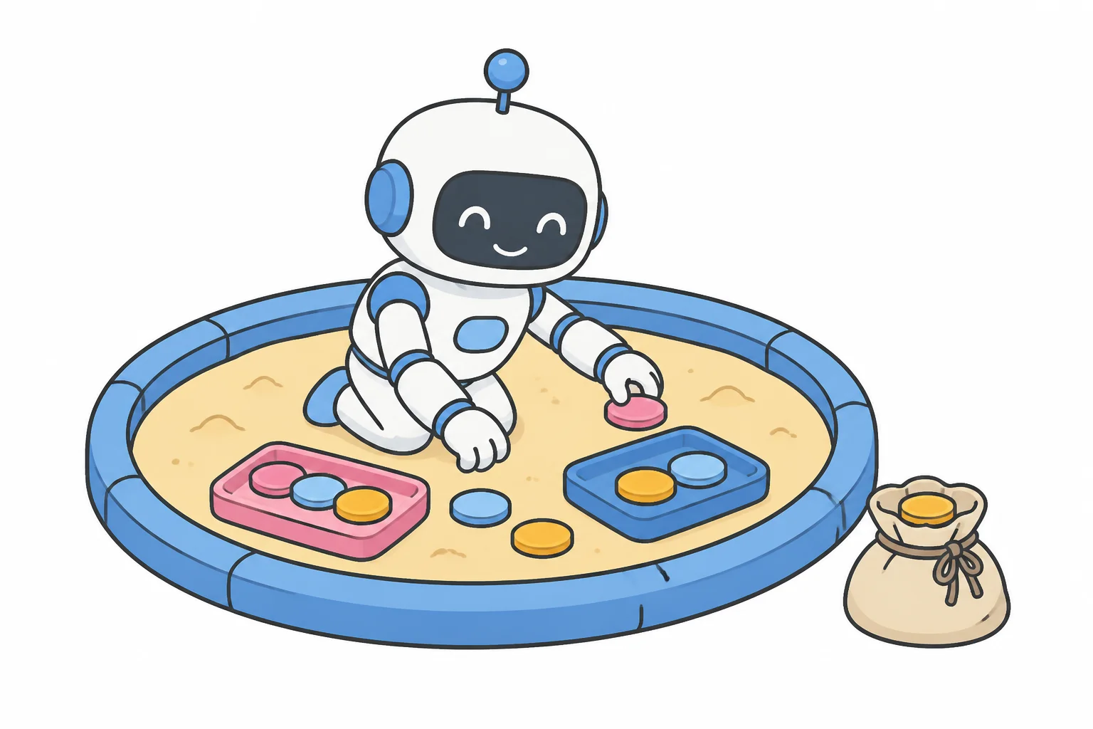 A robot playing with toy coins inside a sandbox while a real money bag sits safely outside the rim