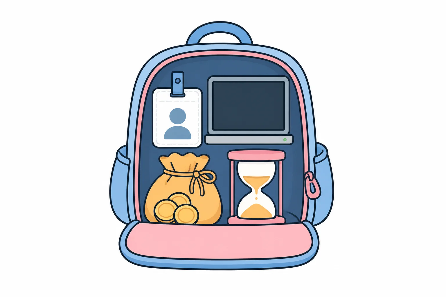 An open backpack packed with an ID card, a laptop, a small money bag and an hourglass