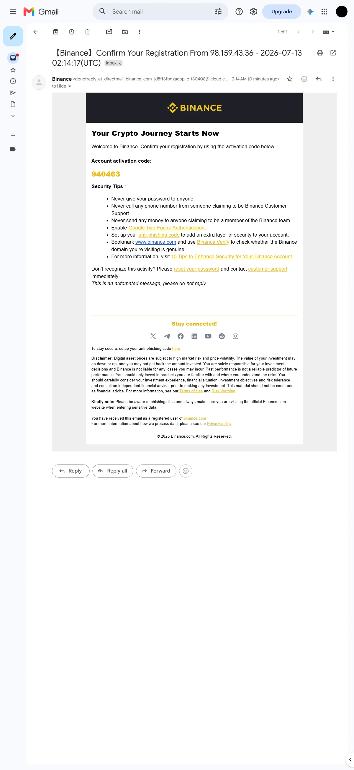 The confirmation email