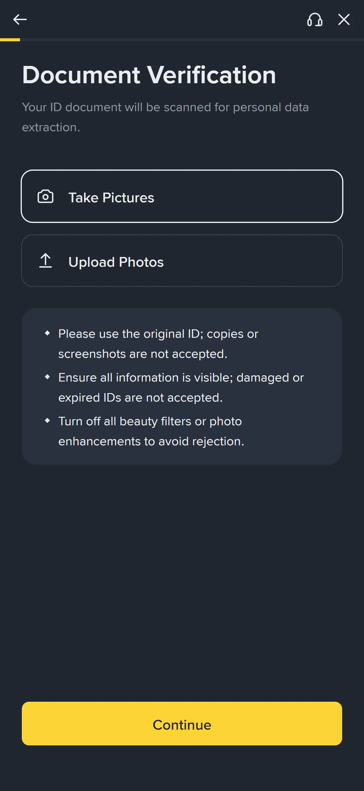 The document upload options