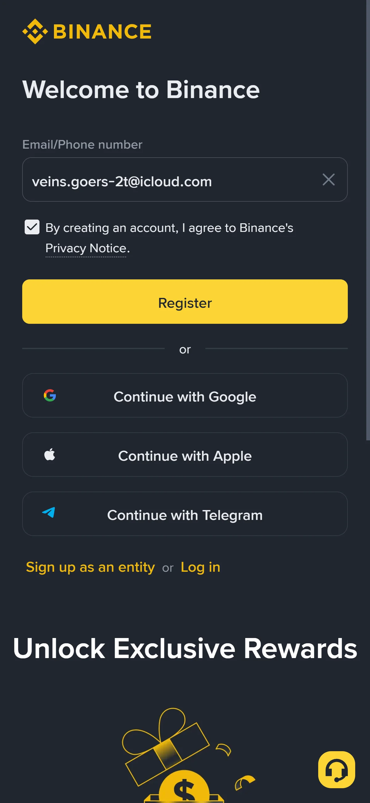The completed sign-up form