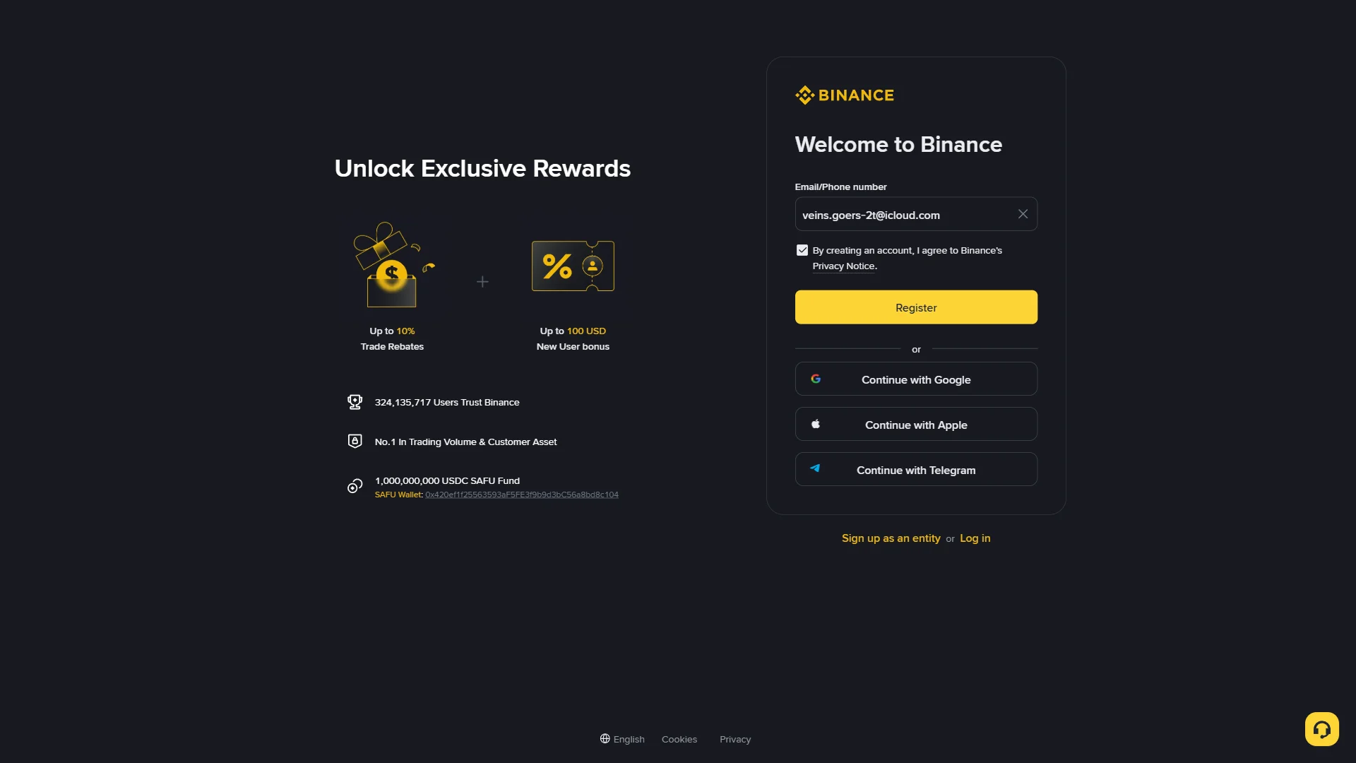 The completed sign-up form