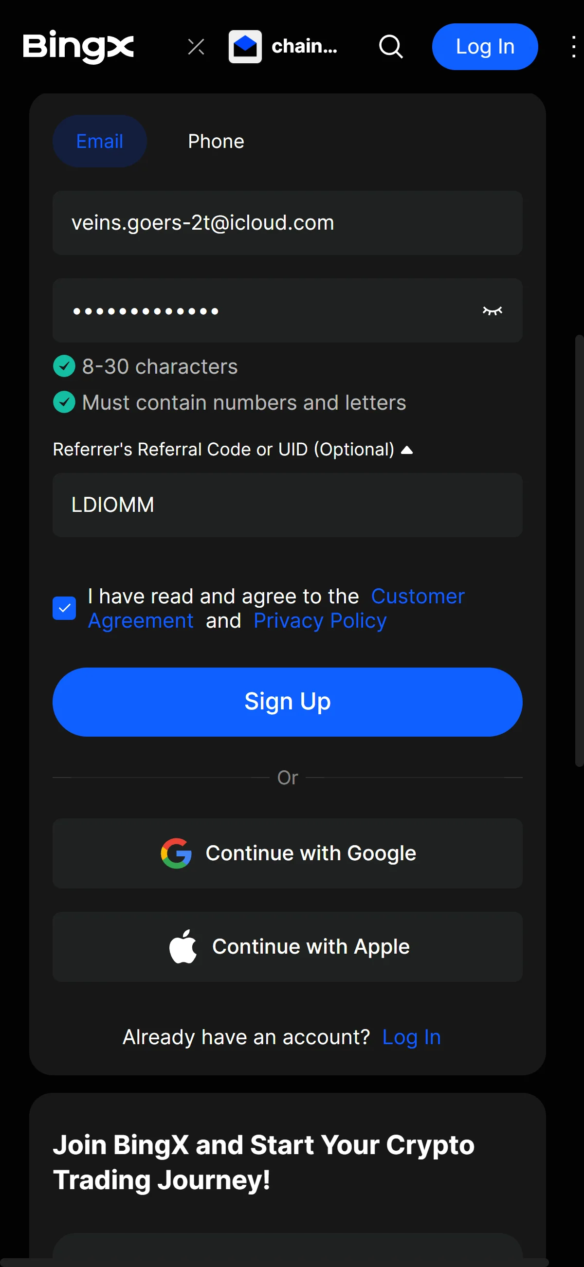 The completed sign-up form