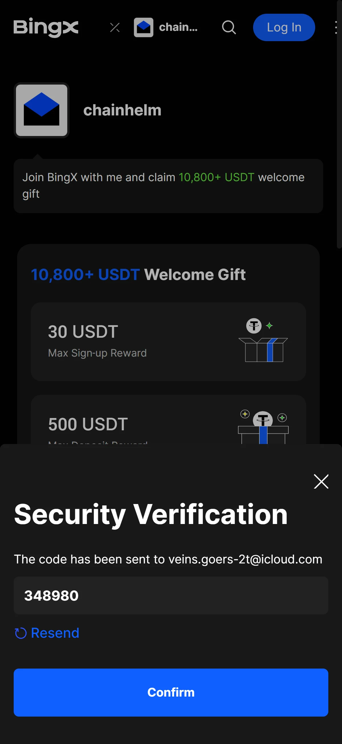 The code entered, ready to confirm