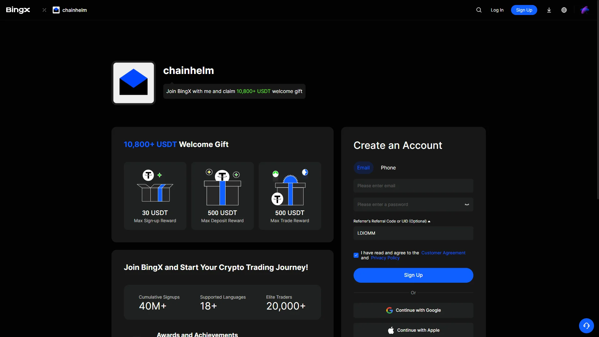 The referral sign-up page