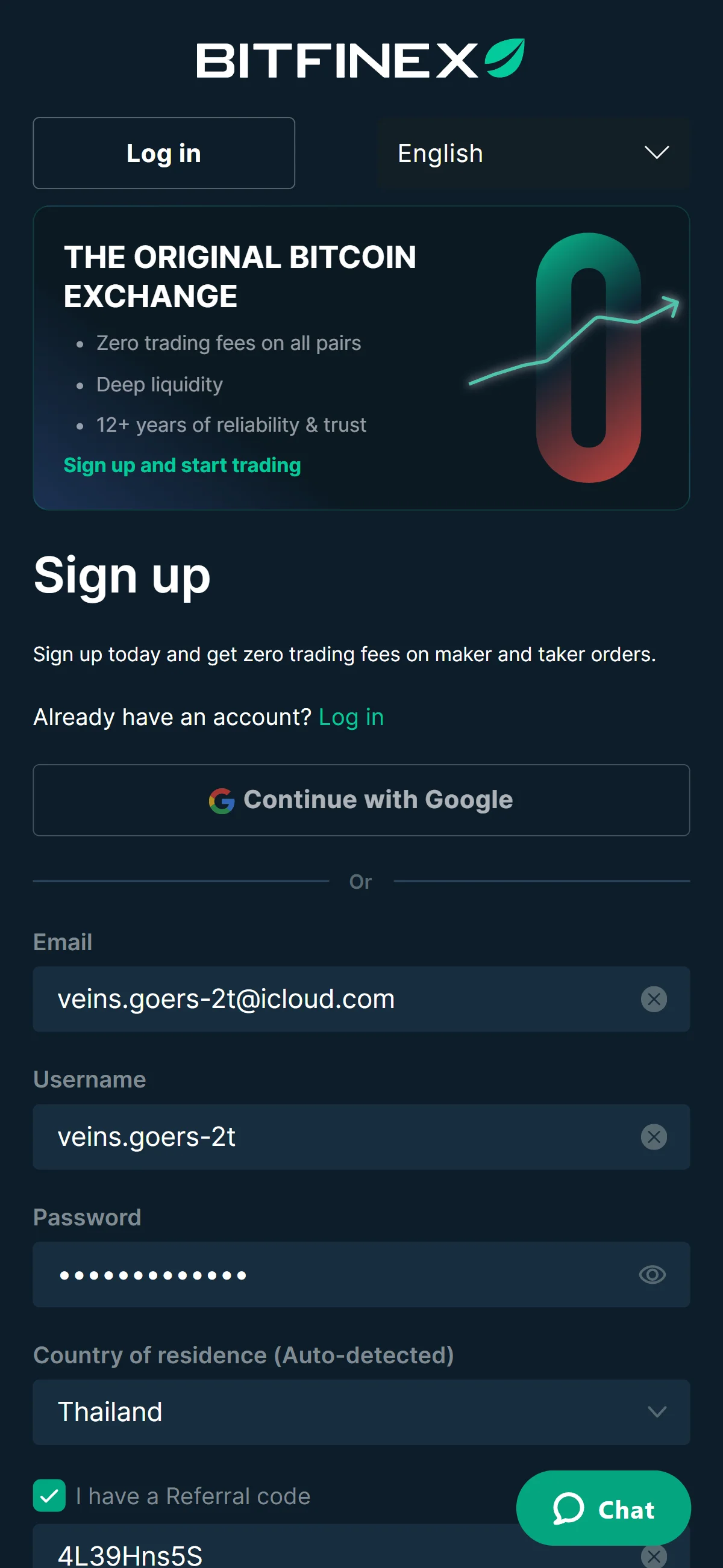 Sign-up form, filled in
