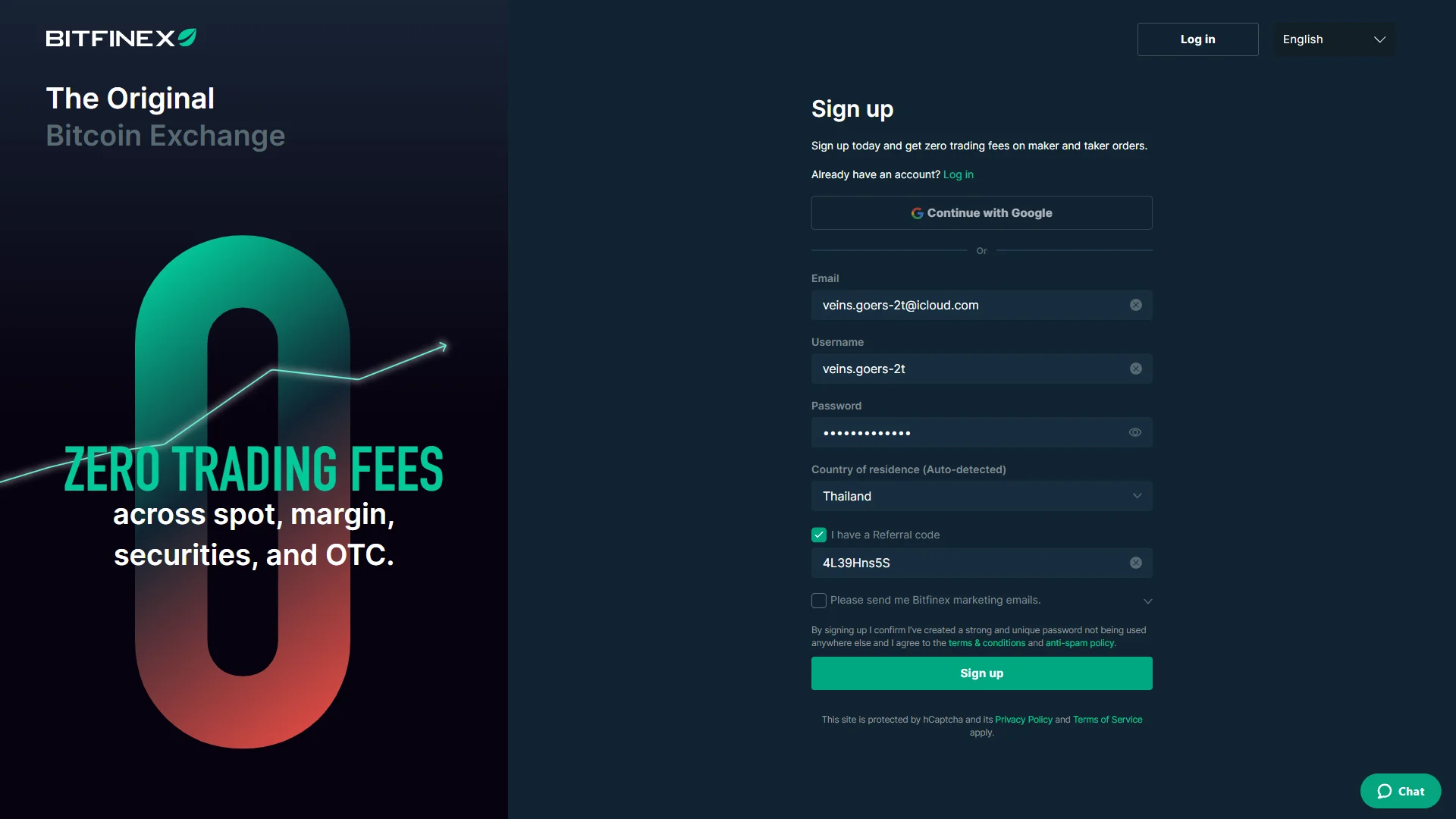 Sign-up form, filled in