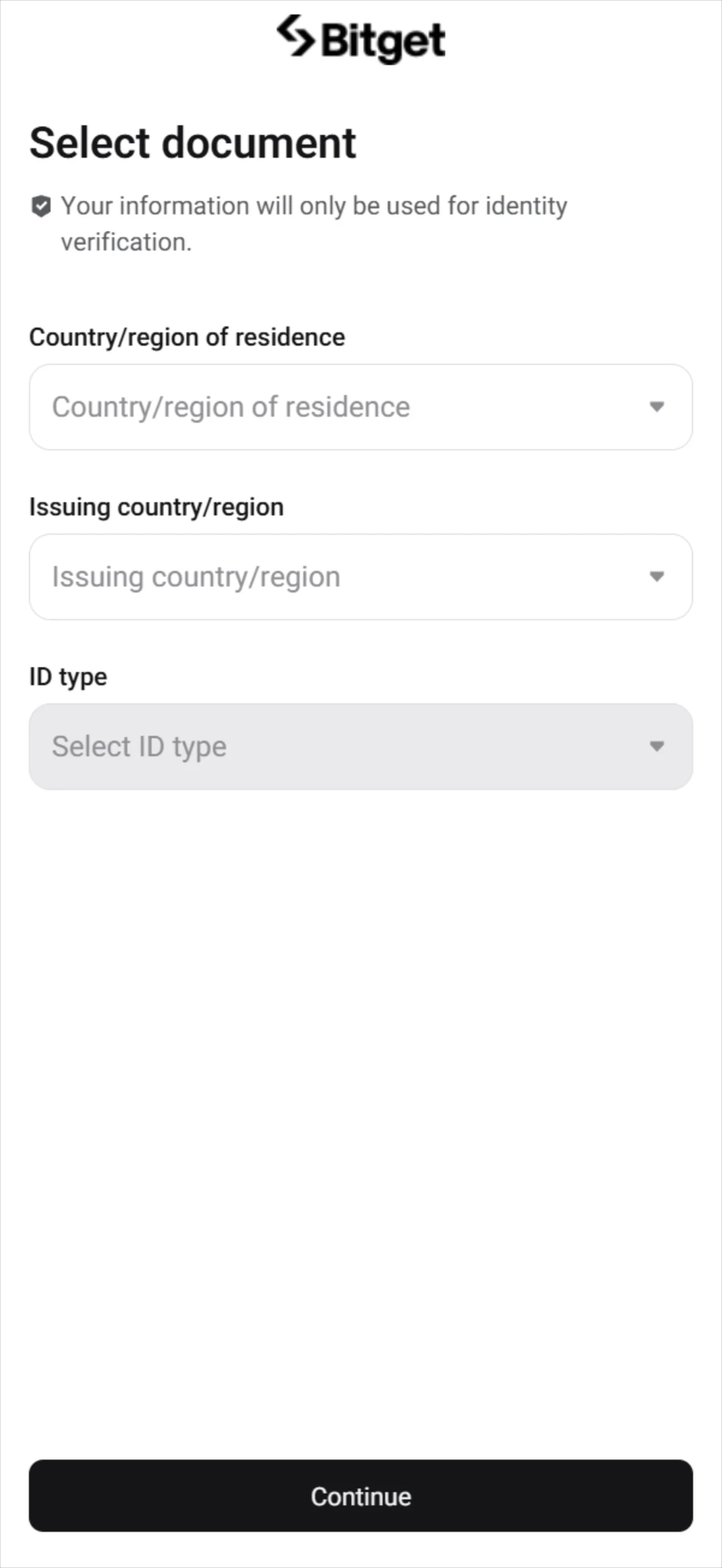 The "Select document" window with dropdowns for country of residence, issuing country, and ID type.