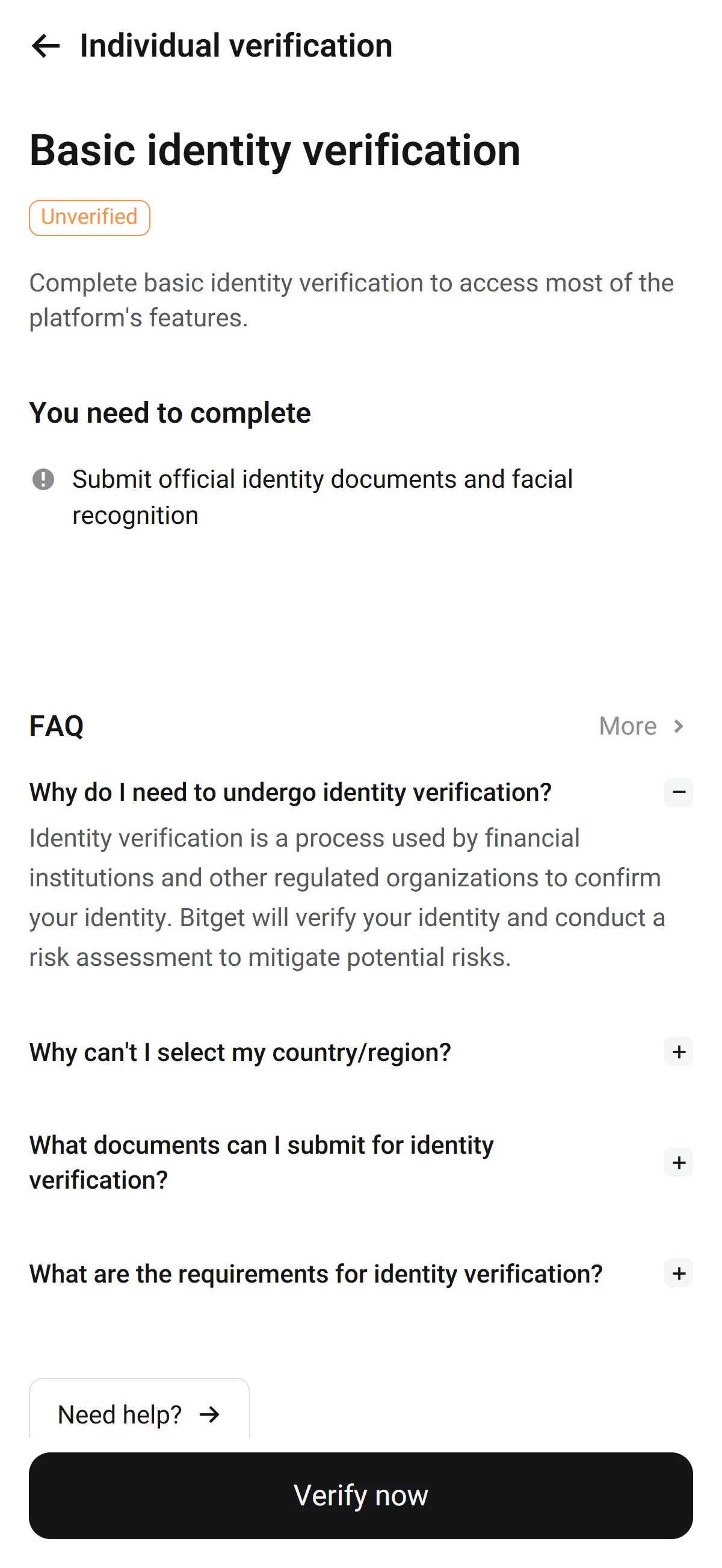 The "Basic identity verification" panel with an "Unverified" badge and a "Verify now" button.