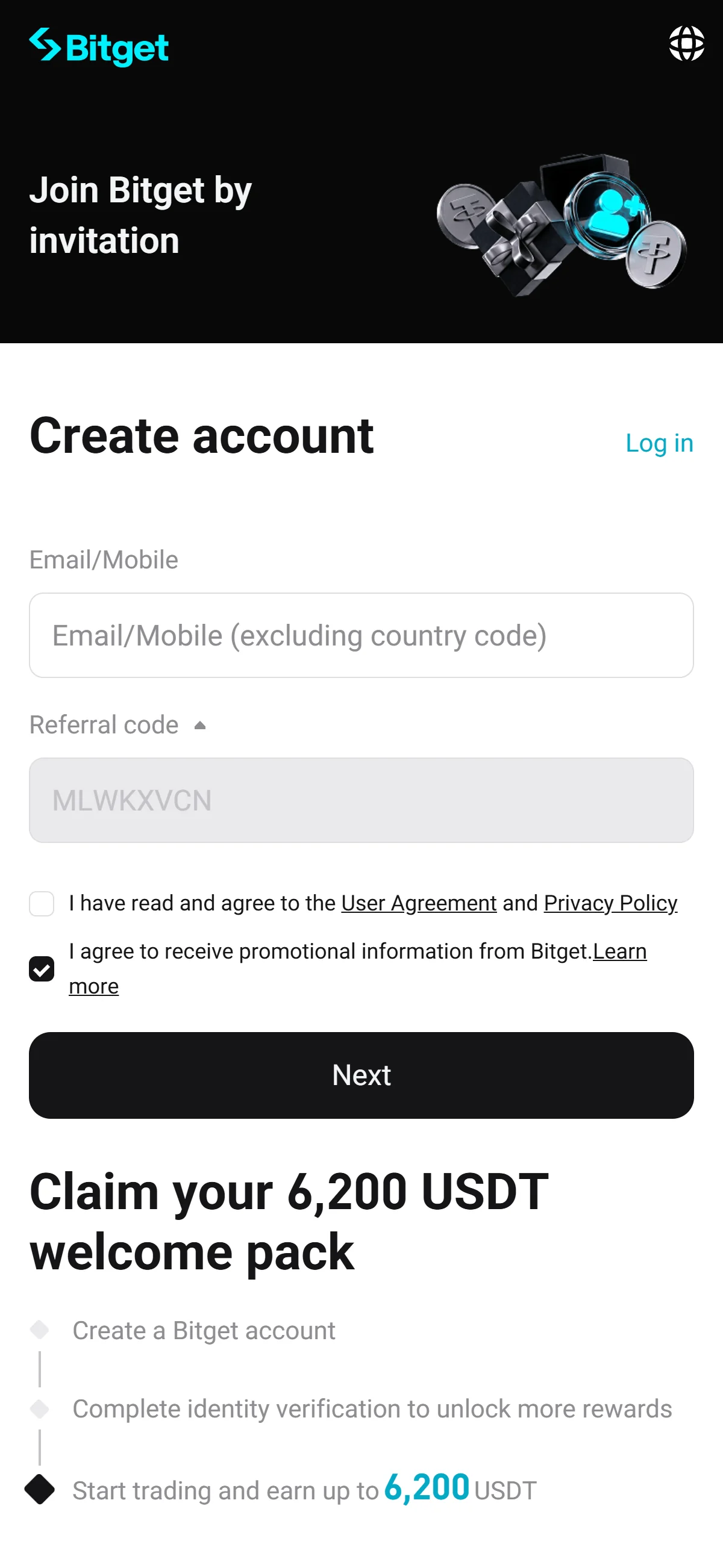 The sign-up form with an empty "Email/Mobile" field and the referral code "MLWKXVCN" already filled in.