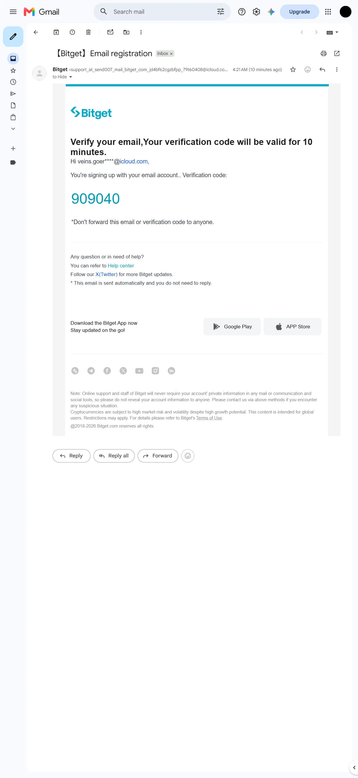 The Bitget registration email showing the six-digit code, valid for 10 minutes.