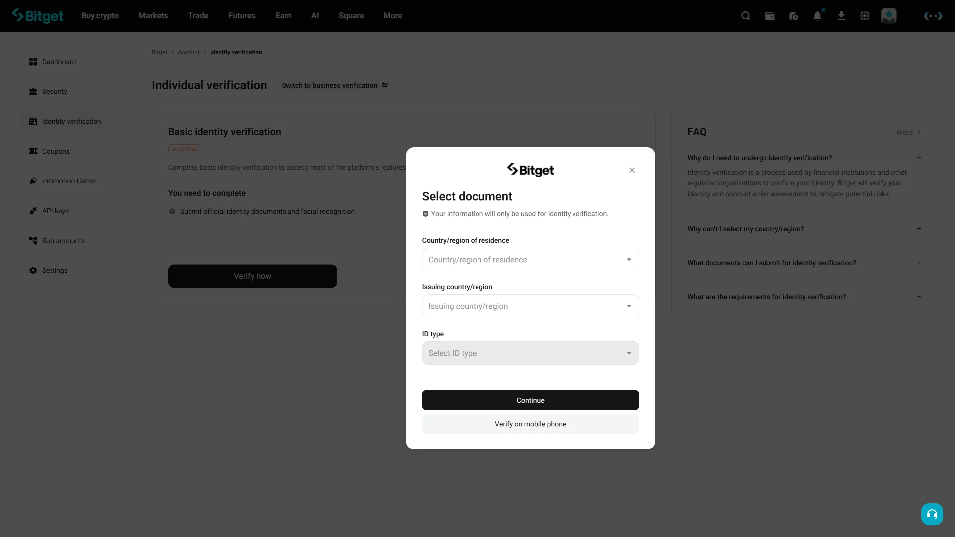 The "Select document" window with dropdowns for country of residence, issuing country, and ID type.