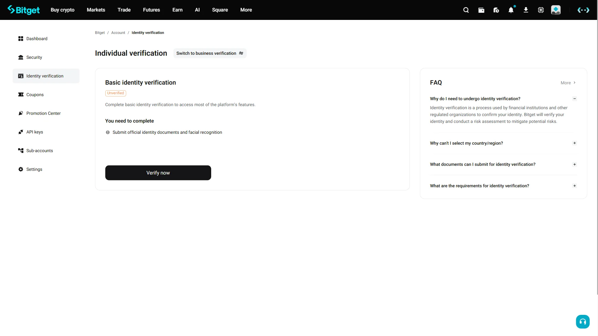 The "Basic identity verification" panel with an "Unverified" badge and a "Verify now" button.