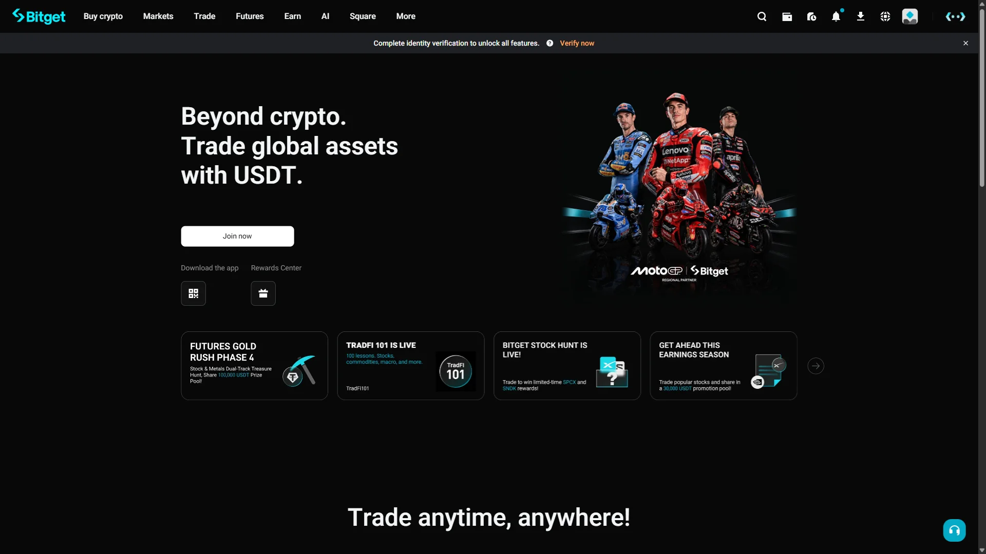 The logged-in Bitget home with a banner prompting identity verification.