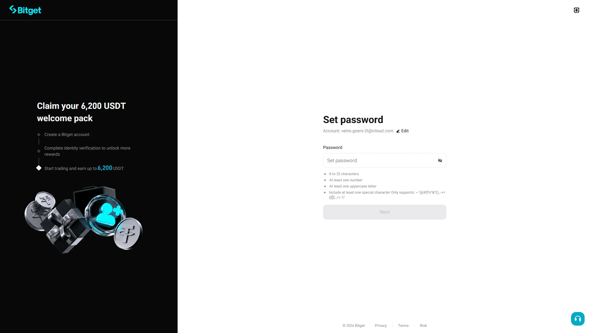 The "Set password" screen with an empty field and the requirement checklist not yet satisfied.