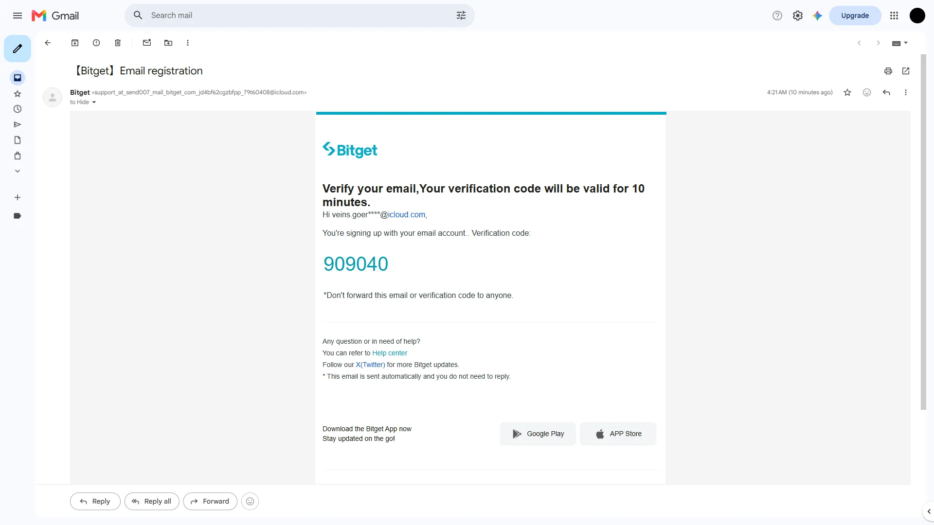 The Bitget registration email showing the six-digit code, valid for 10 minutes.