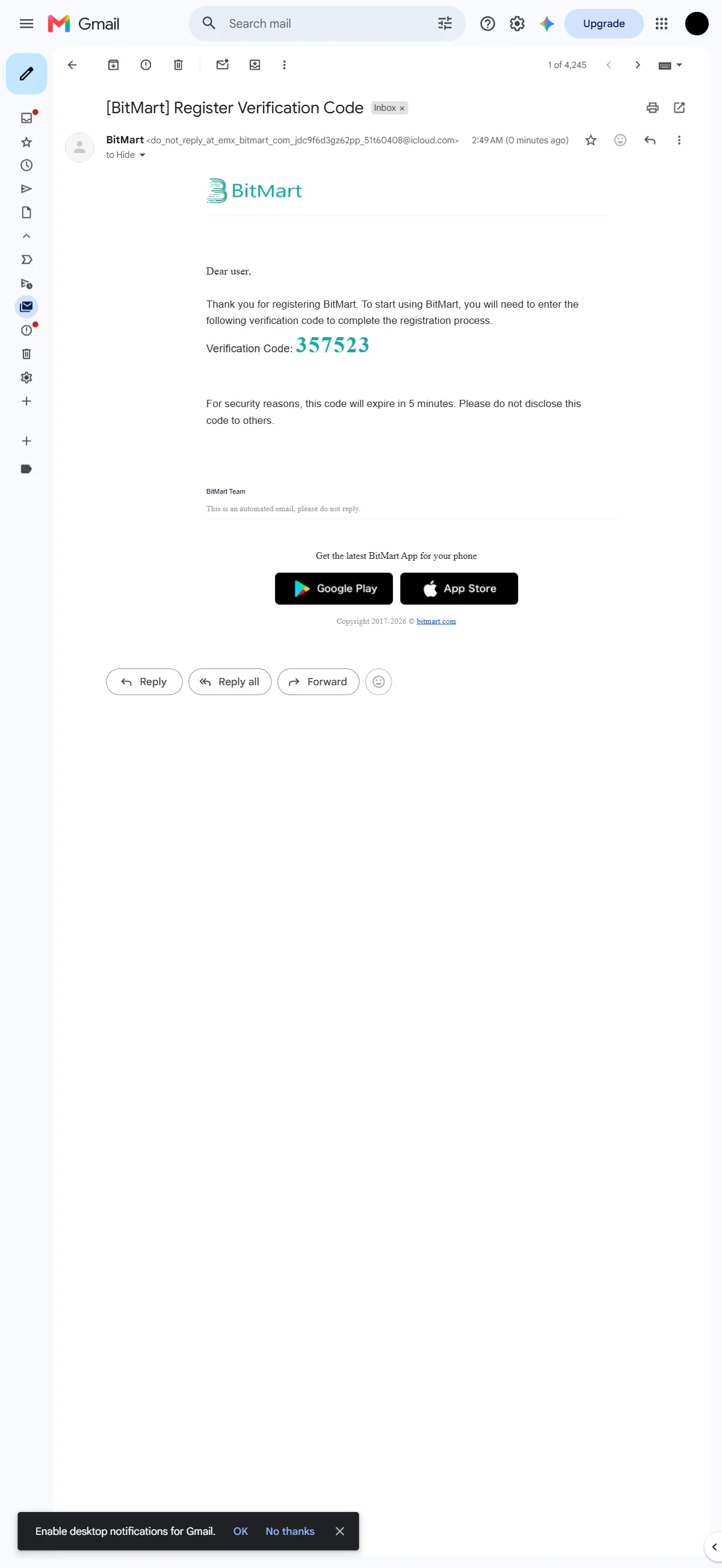 Verification code email