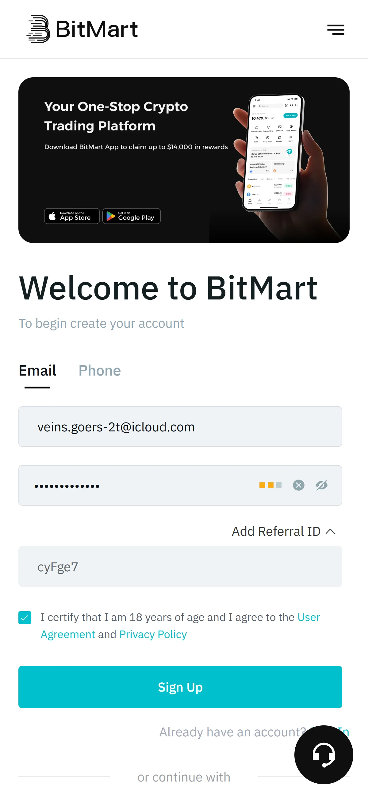 Completed sign-up form