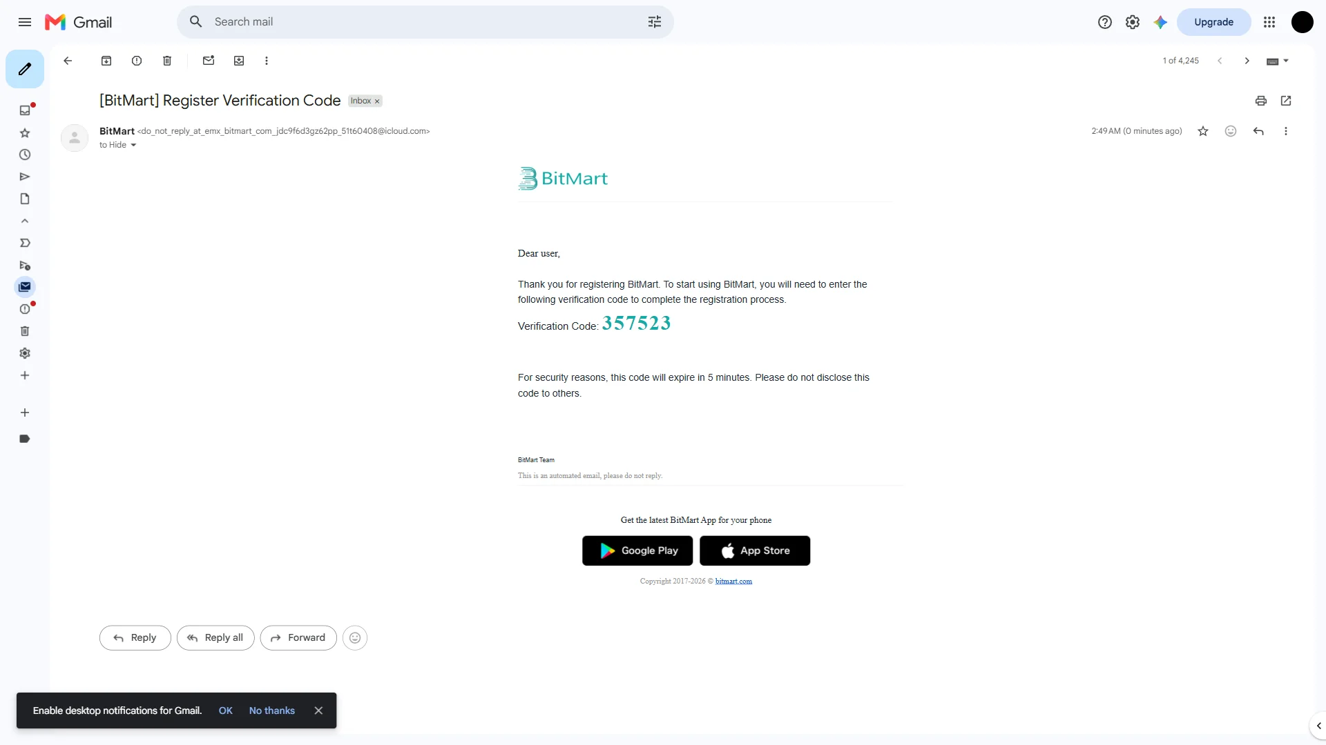 Verification code email
