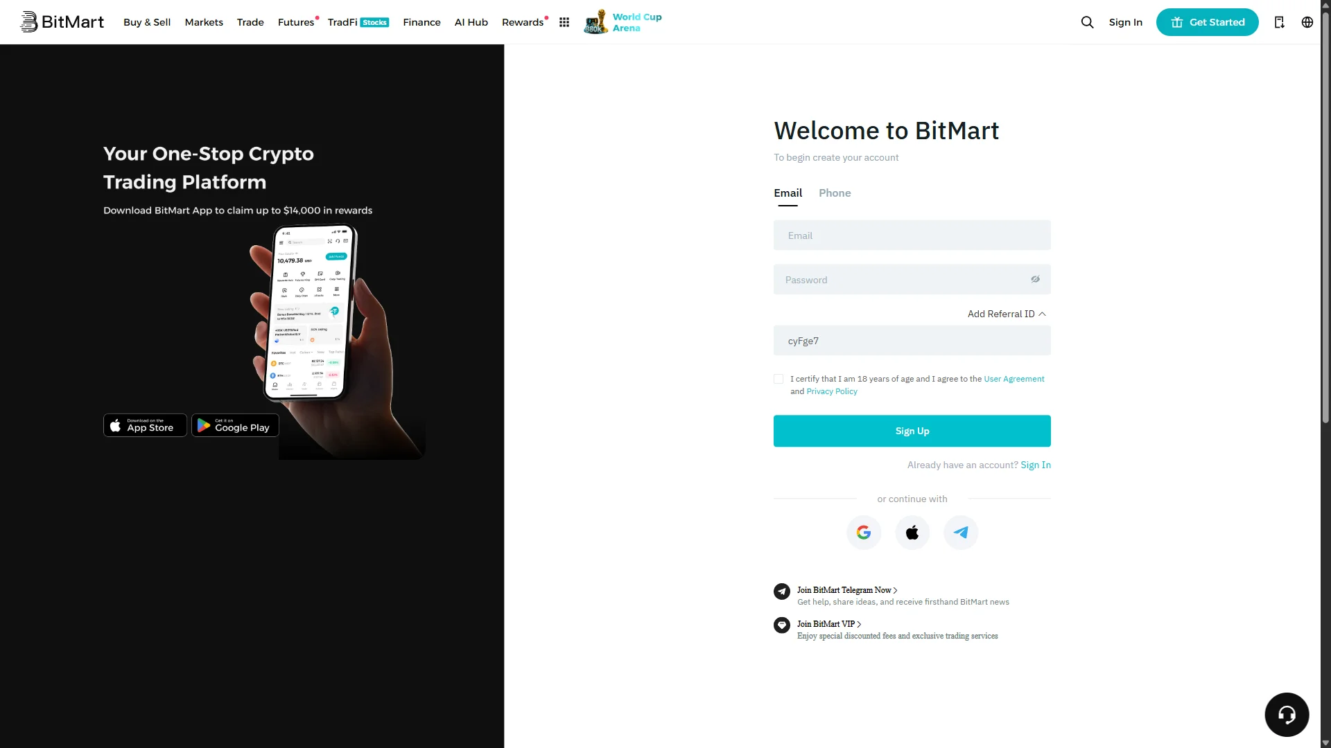 empty BitMart signup form with referral ID cyFge7 pre-filled
