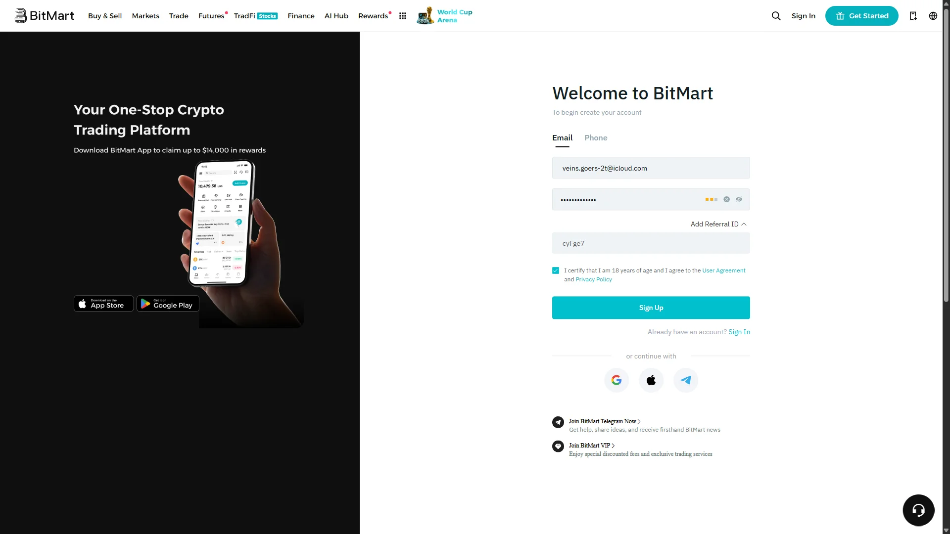 Completed sign-up form