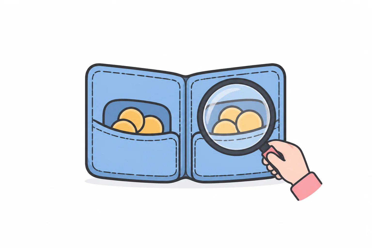 A two-compartment wallet with coins in each pocket, and a hand holding a magnifying glass over the right compartment