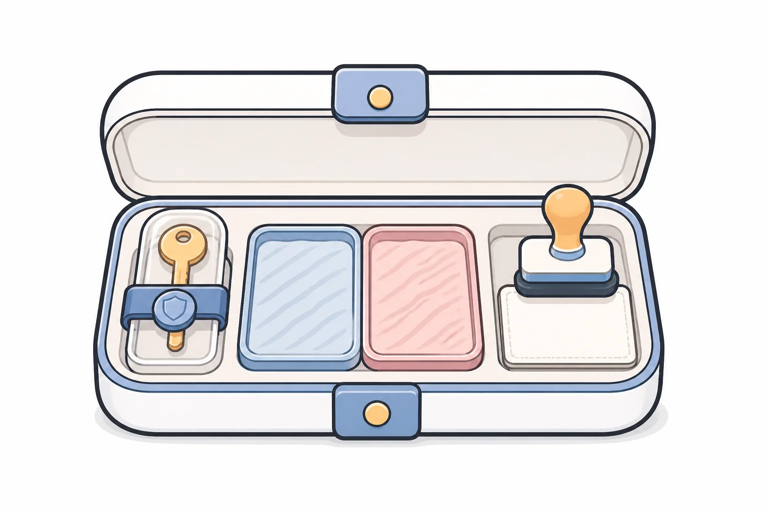 An open carrying case holding a key with a shield band around it, two sandbox trays in different colors, and a hand-press seal stamp