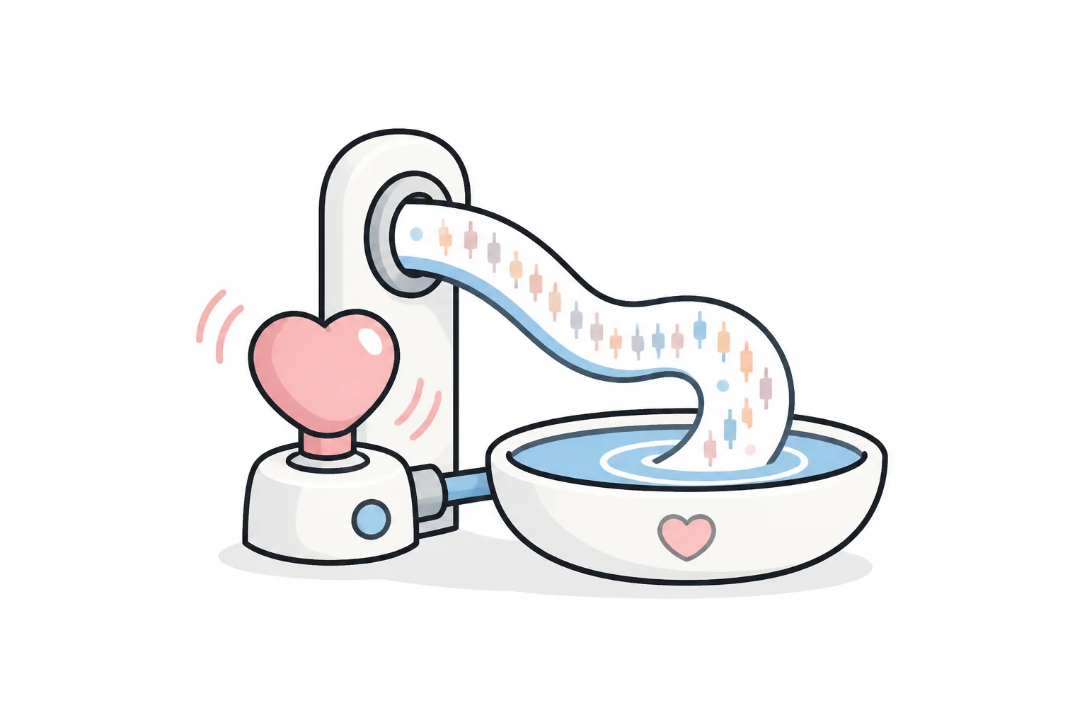 A spout pouring a continuous ribbon of tiny candlesticks into a bowl, next to a pulsing heart on a stand