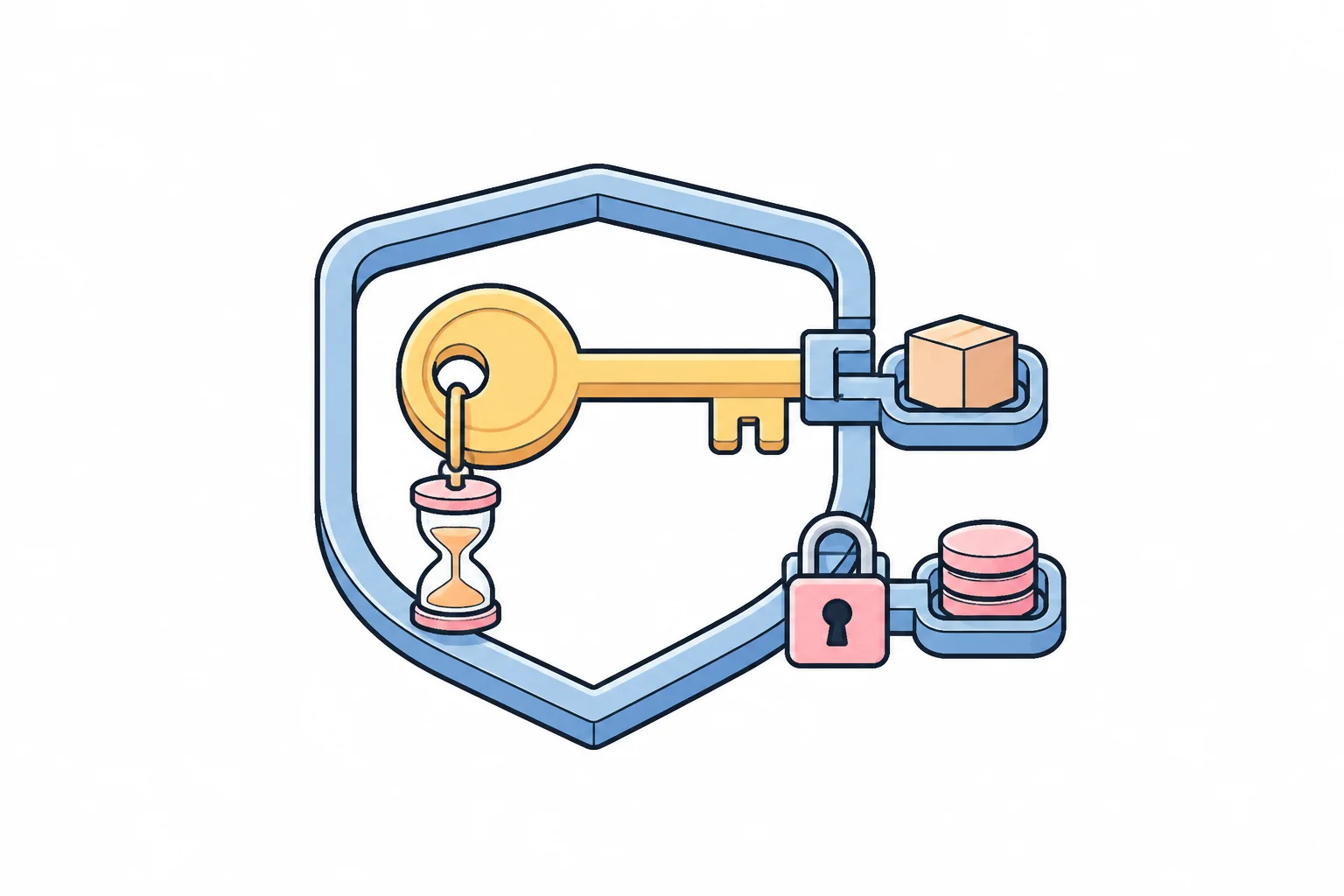 A golden key inside a shield with an hourglass hanging from it, chained on one side to a block and on the other to a padlock guarding a stack of coins