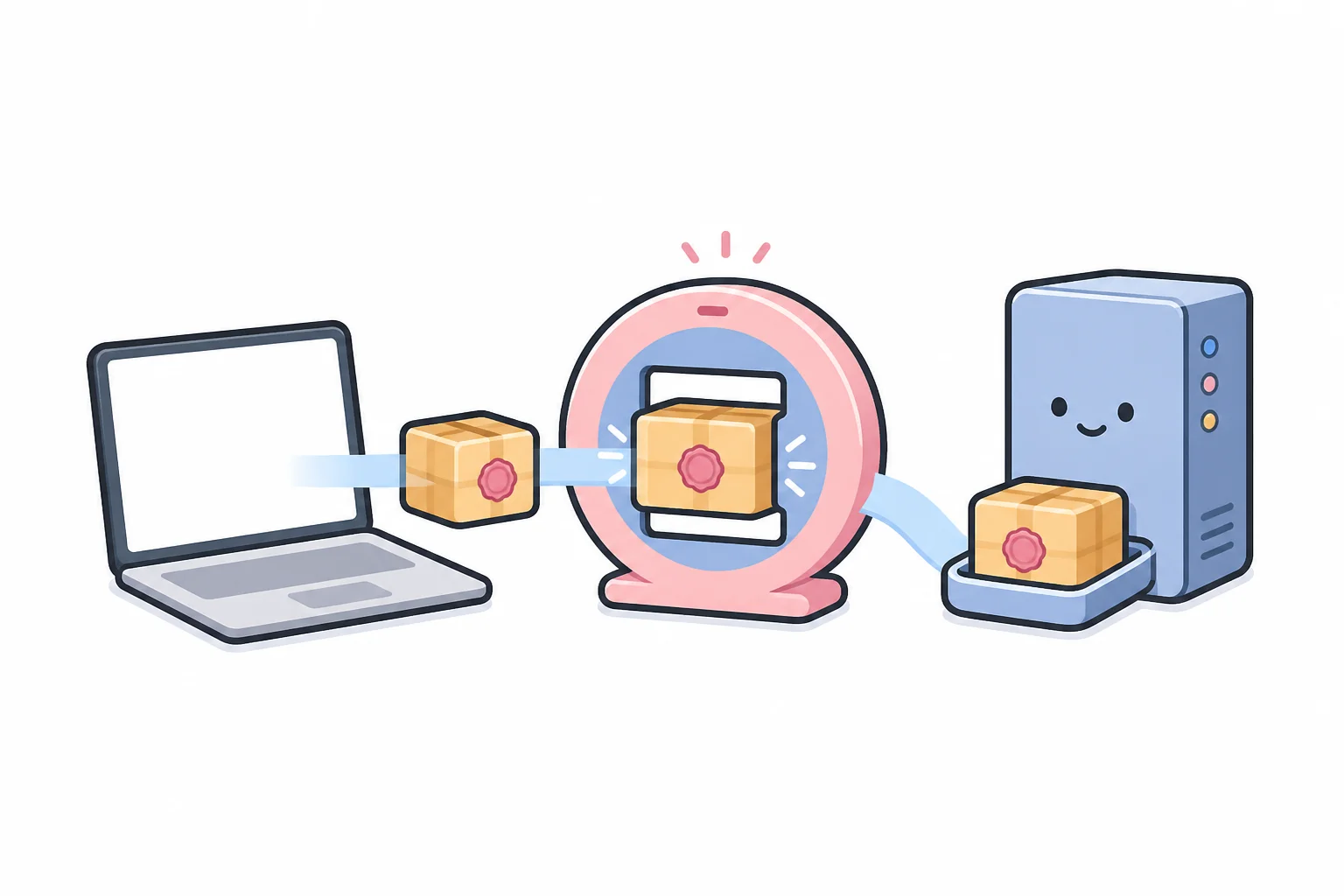 A laptop sends a sealed parcel through a ring-shaped checking gate before it lands in a tray beside a friendly server