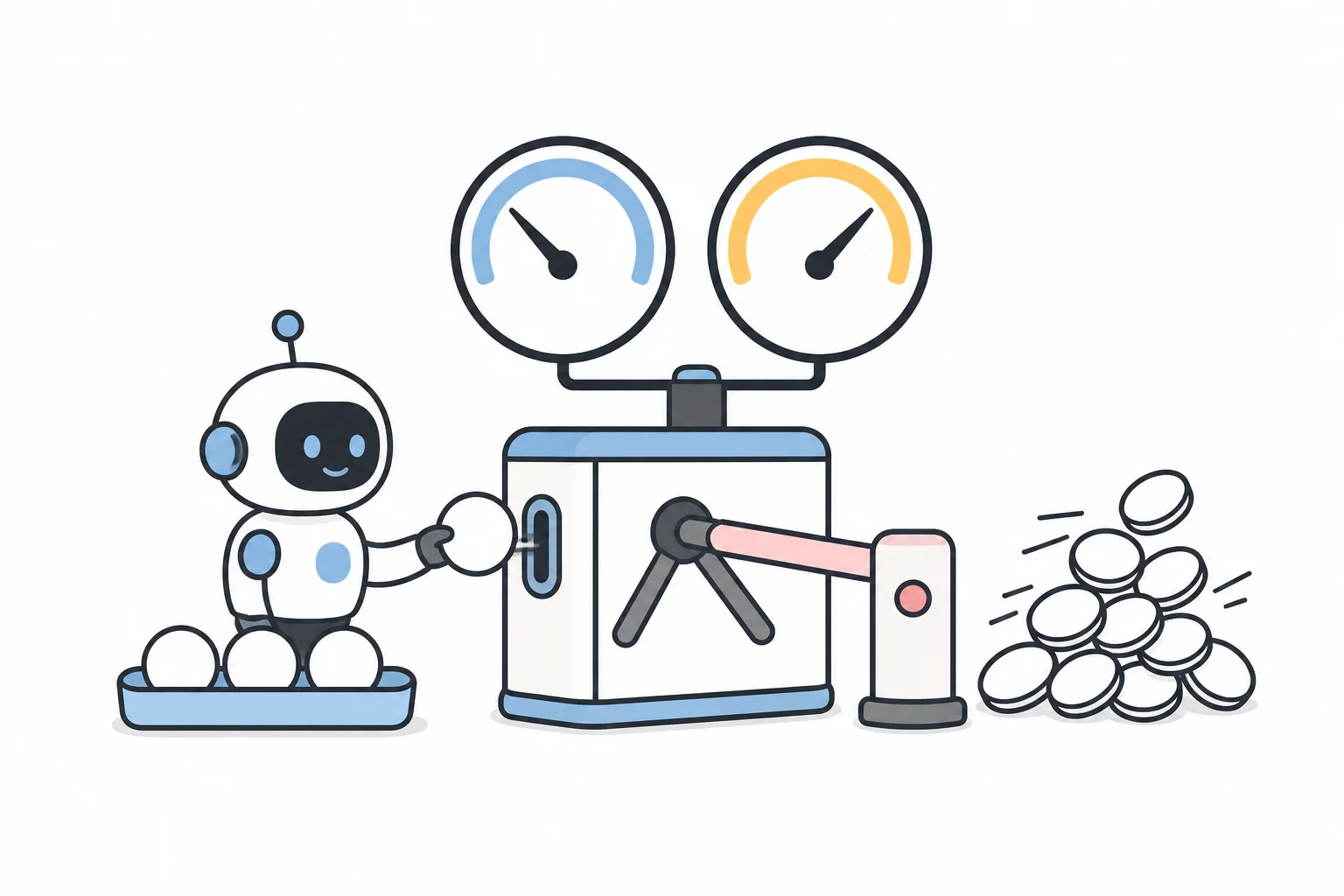 A robot feeds balls through a turnstile topped with two gauges, with a barrier arm and a pile of tokens on the far side