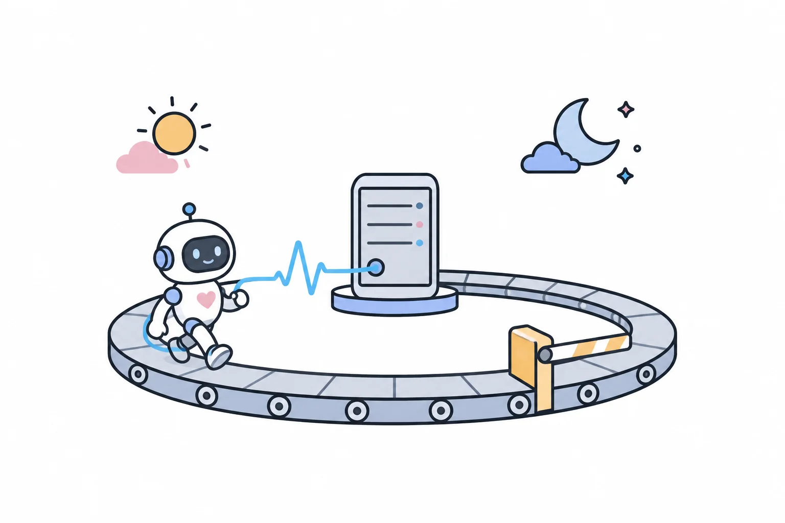 A robot rides a circular track under a sun and a moon, sending a heartbeat line to a server in the center, with a barrier gate on the track