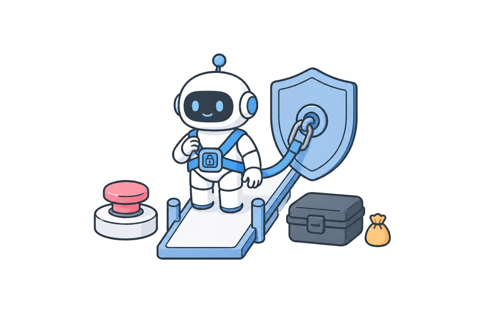 A robot wearing a safety harness with a lock badge stands on a ramp chained to a shield, next to an emergency stop button, a locked case and a small money bag