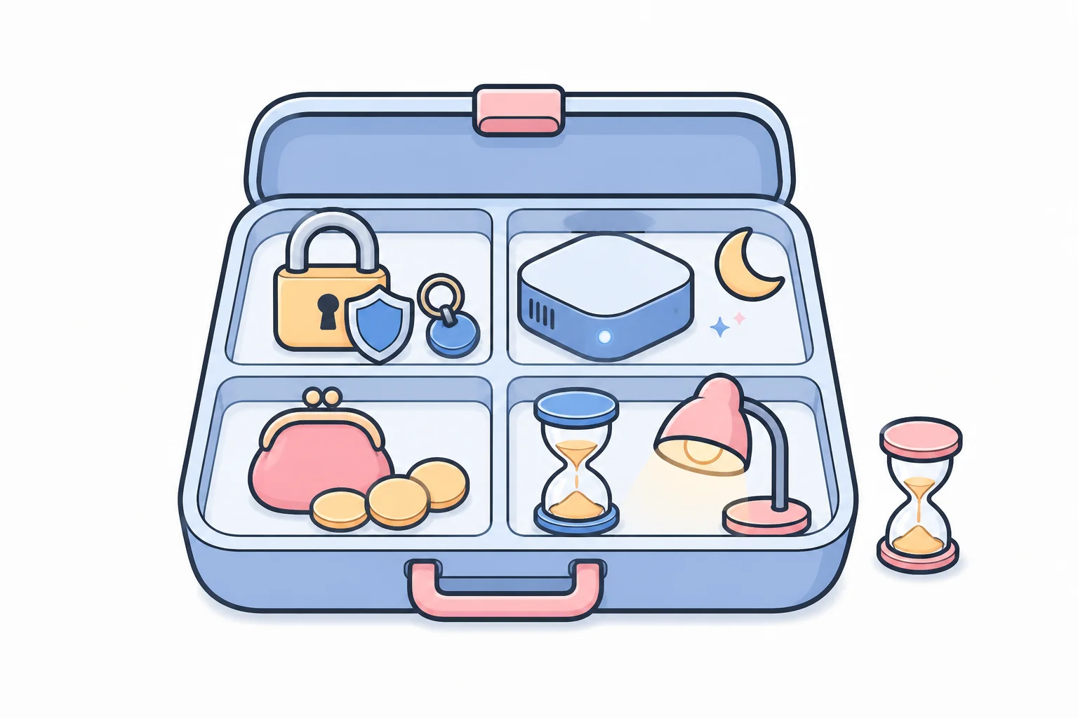 An open suitcase packed with a padlock and shield, a small always-on computer, a coin purse with a few coins, and an hourglass