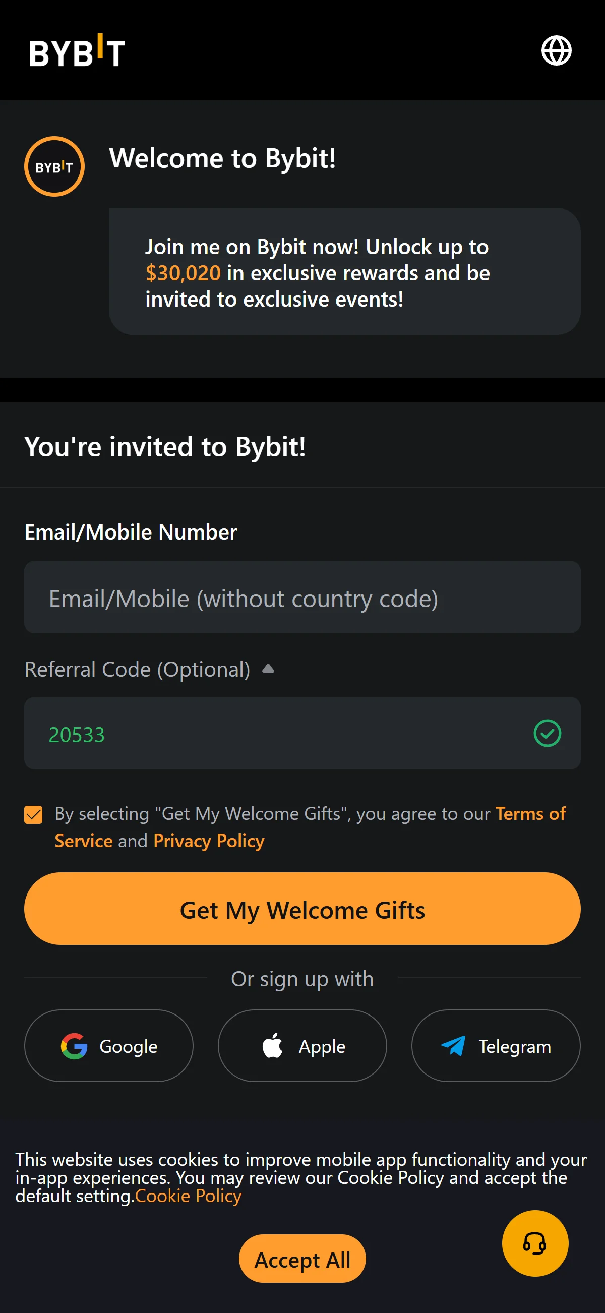 Empty Bybit sign-up form