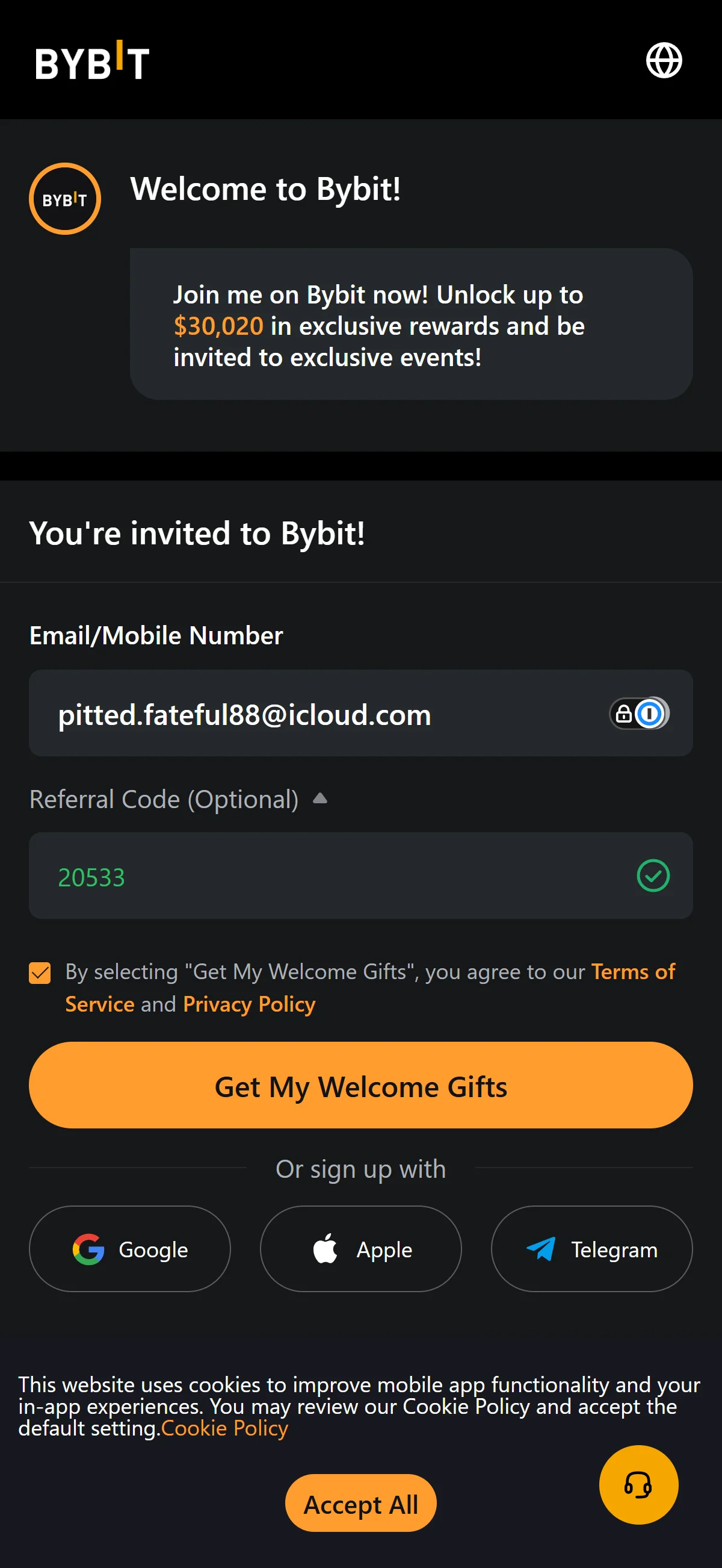 Sign-up form filled in