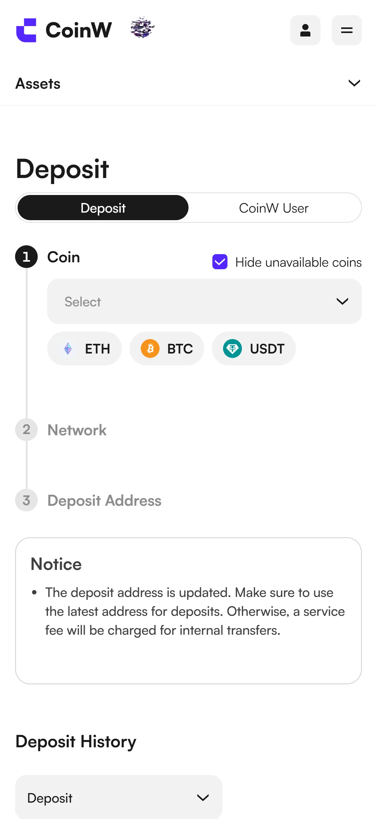 CoinW mobile Deposit page with Coin, Network, and Deposit Address steps