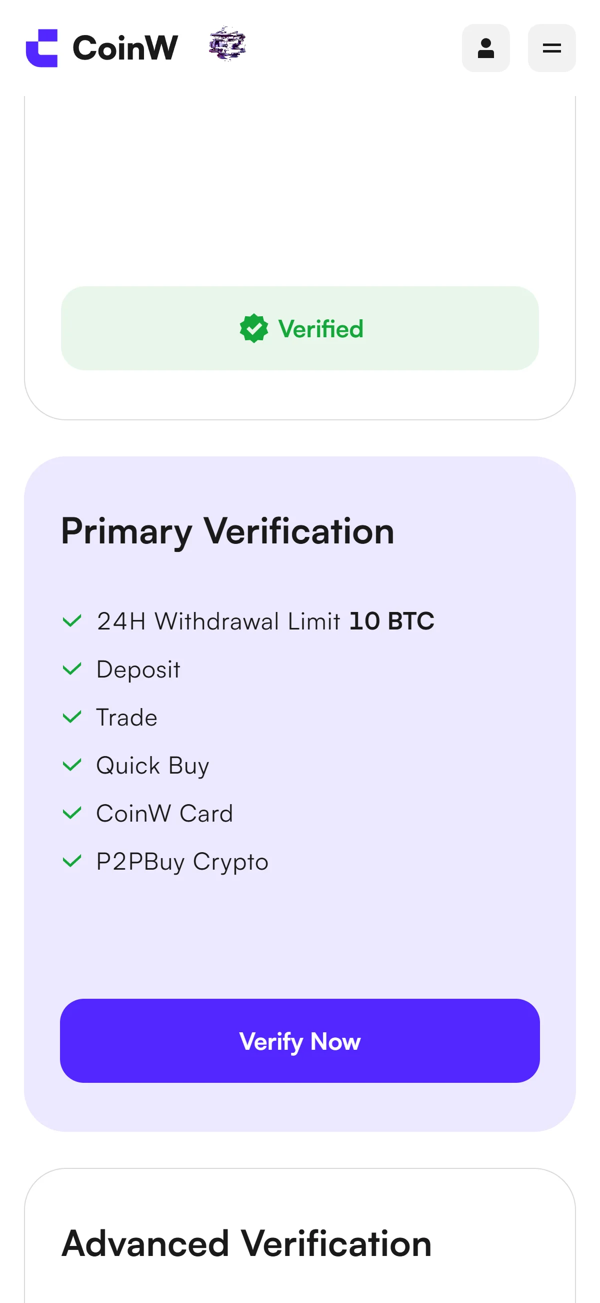 CoinW mobile Identity Verification (KYC) screen showing three verification tiers