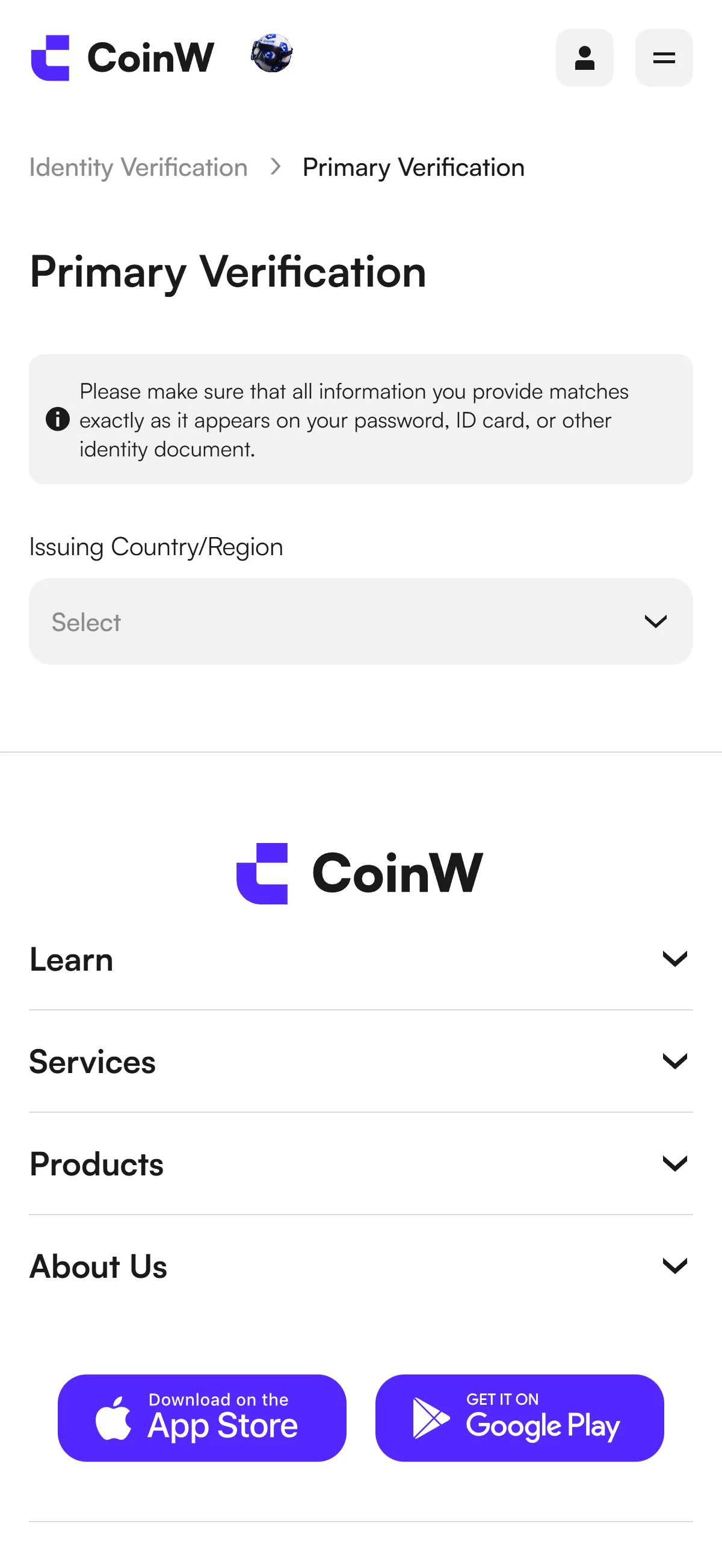CoinW mobile Primary Verification form with the Issuing Country/Region selector
