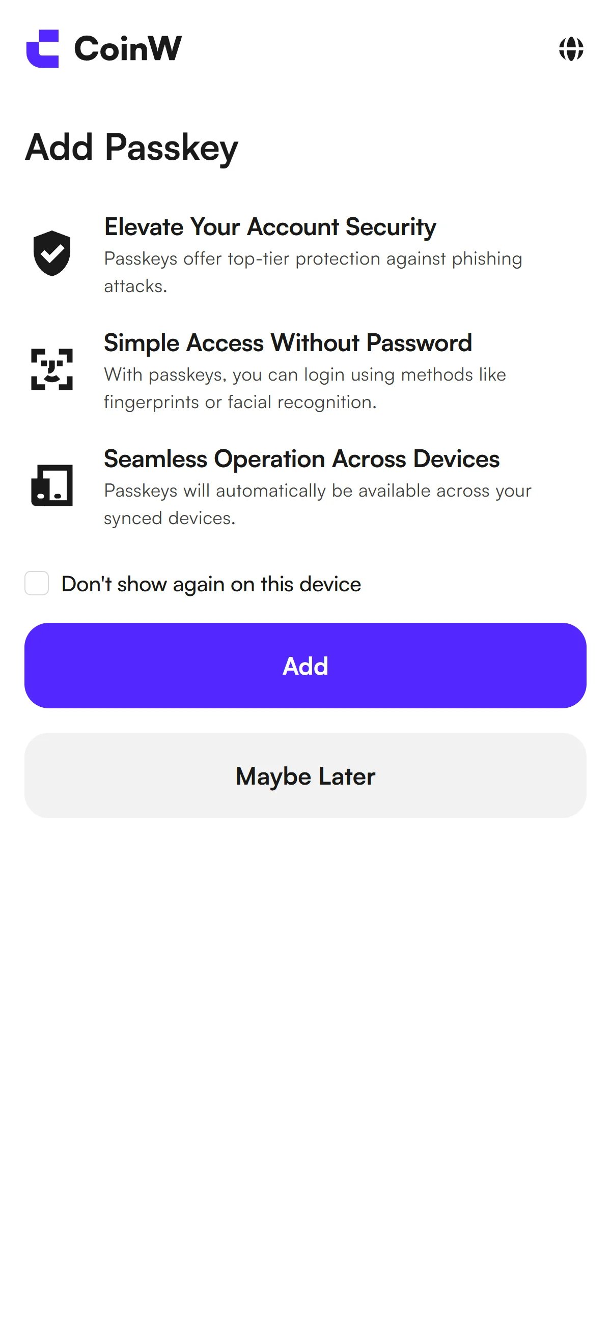 CoinW mobile Add Passkey dialog with Add and Maybe Later options